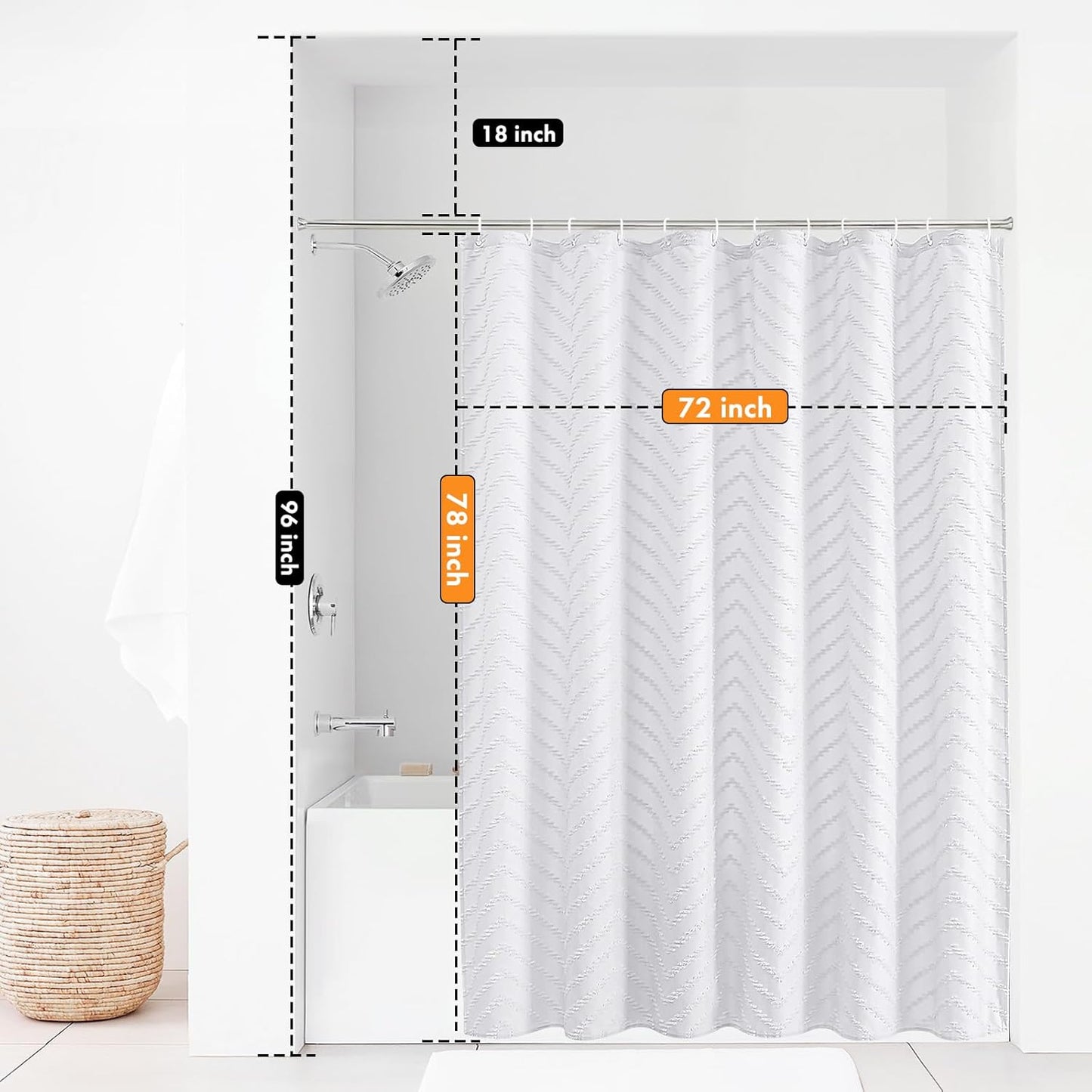 78 inch Shower Curtain Tall Shower Curtain 78 Inches Long White Tufted Chevron Striped Fabric Shower Curtains for Bathroom Modern Shabby Chic Waterproof Cloth Shower Curtains, White