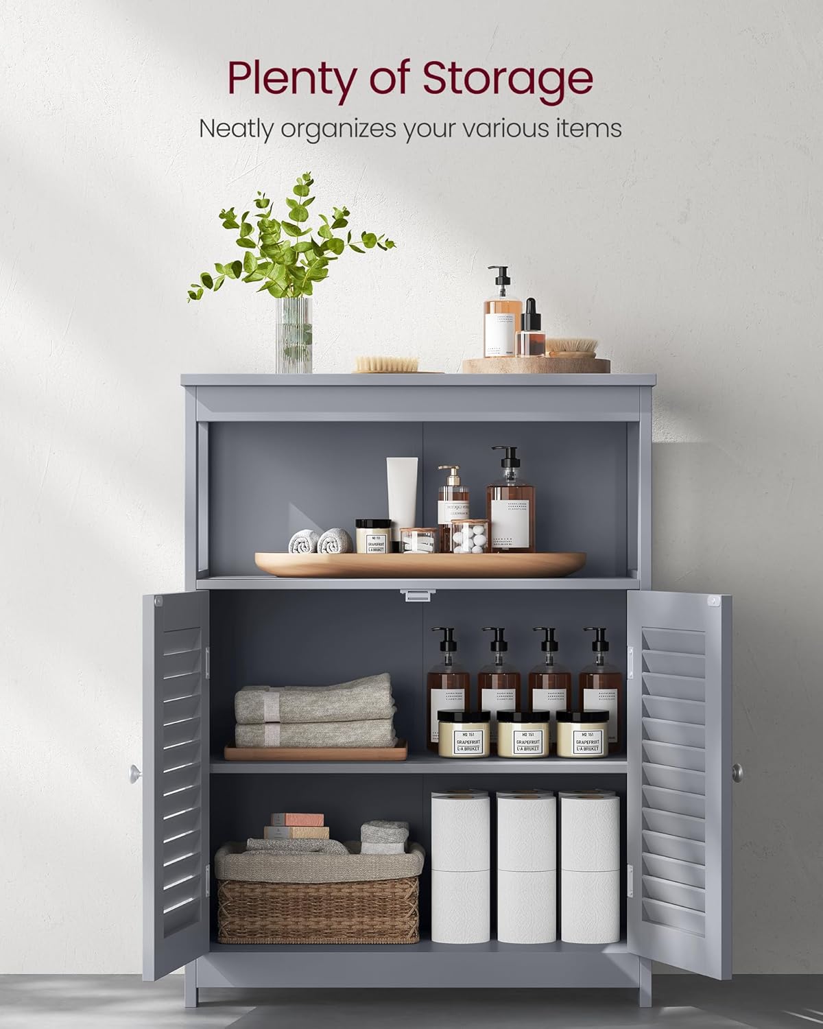 VASAGLE Floor Storage Cabinet, Freestanding Storage Unit with Double Shutter Doors and Adjustable Shelf, for Living Room, Bathroom, Entryway, Kitchen, Dove Gray UBBC040G02