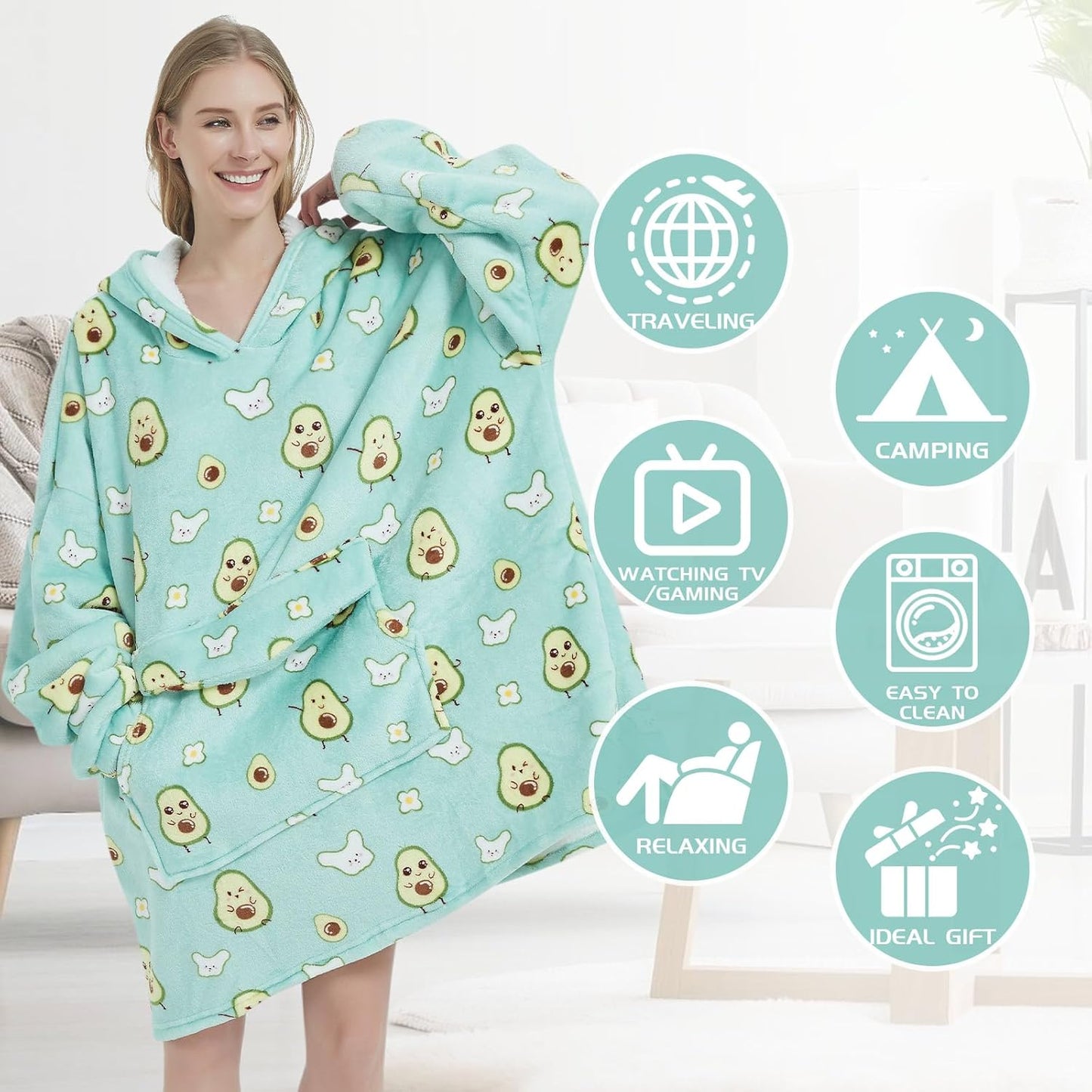 Wearable Blanket Hoodie for Adult,Oversized Sherpa Fleece Blanket Hoodie for Women Men,Cute Avocado