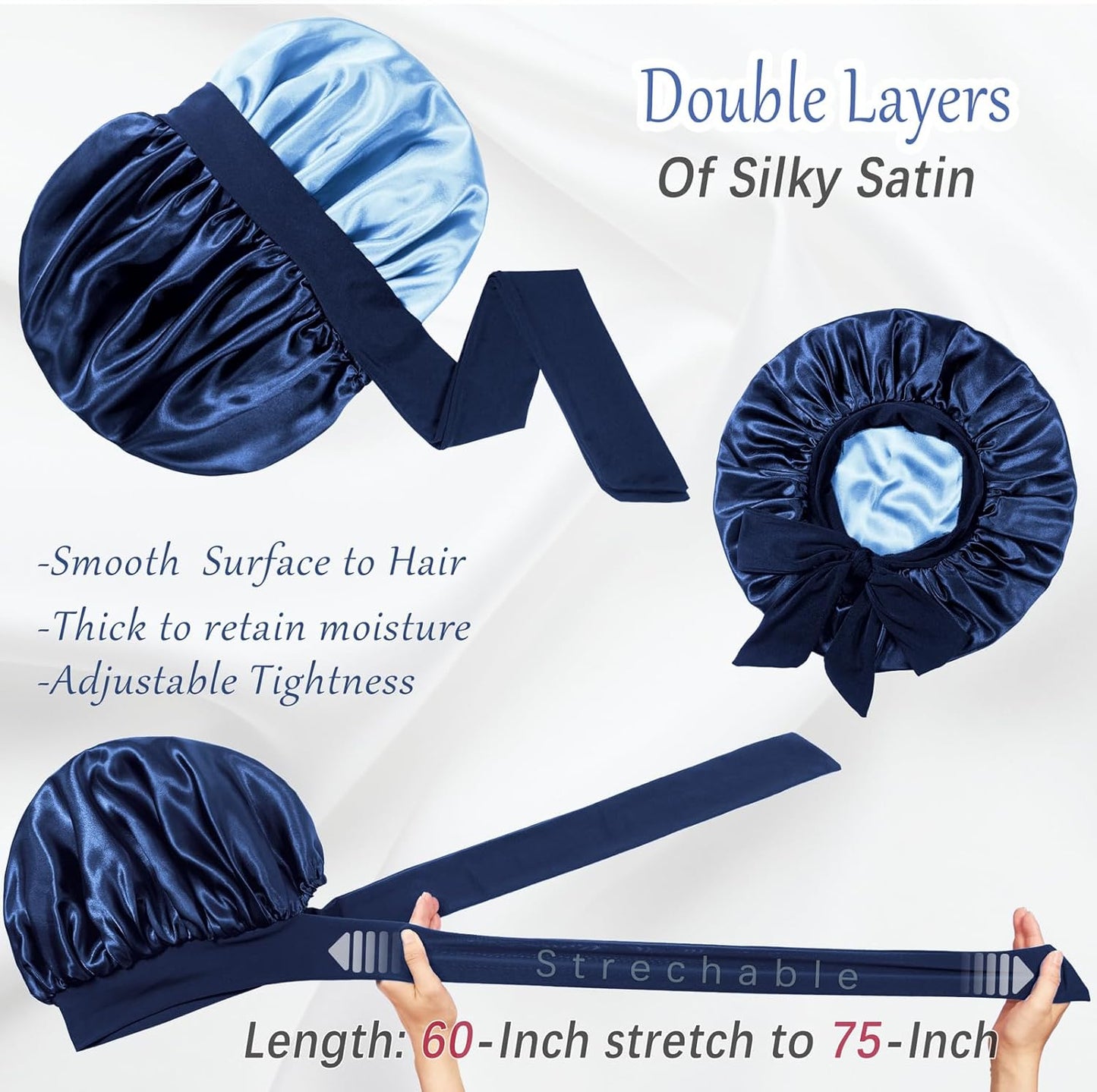 Double Layered Silk Satin Bonnet with Tie for Sleeping Black Women, Wide Band Large Hair Wrap Sleep Cap for Curly Hair Braid