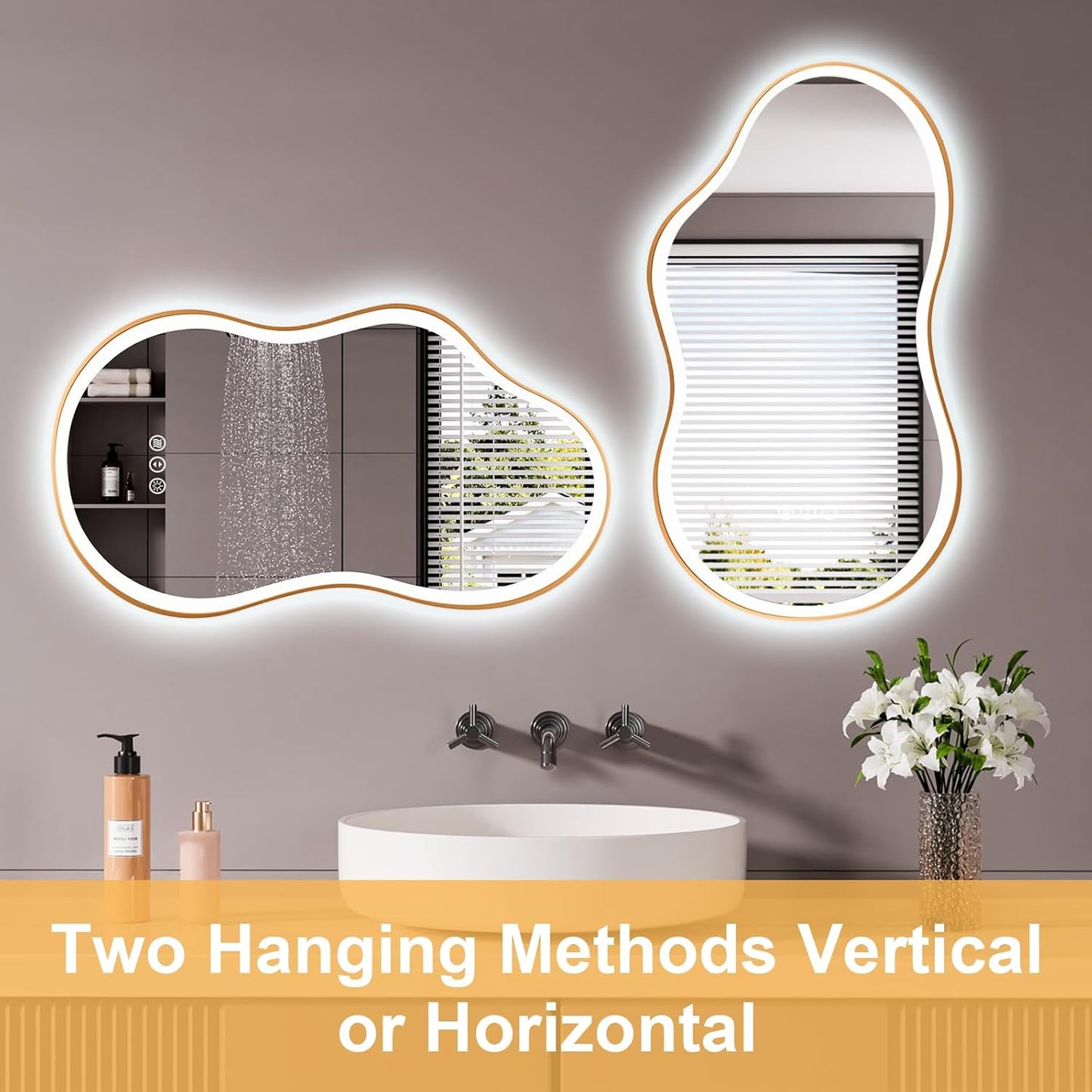 WTTY LED Irregular Bathroom Mirror 20x36 Inch with Front & Back Lights - Asymmetrical Design, Anti-Fog, Dimmable 3 Color Temperatures, Shatterproof Glass, Horizontal or Vertical Mount (Gold Frame)