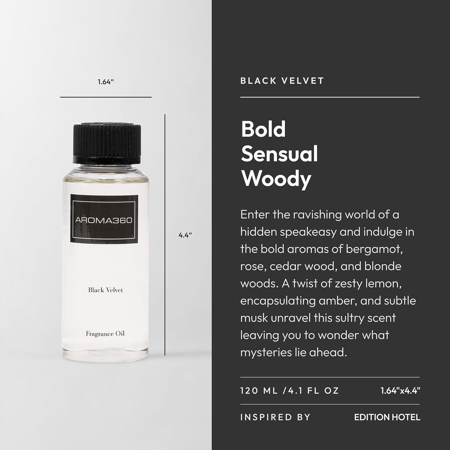 Aroma360 - Black Velvet Oil Blend - Aromatherapy Essential Fragrance Oil - Sandalwood, Warm Virginia Cedar & Beautiful Iris - 120ML 4.1 Fl oz