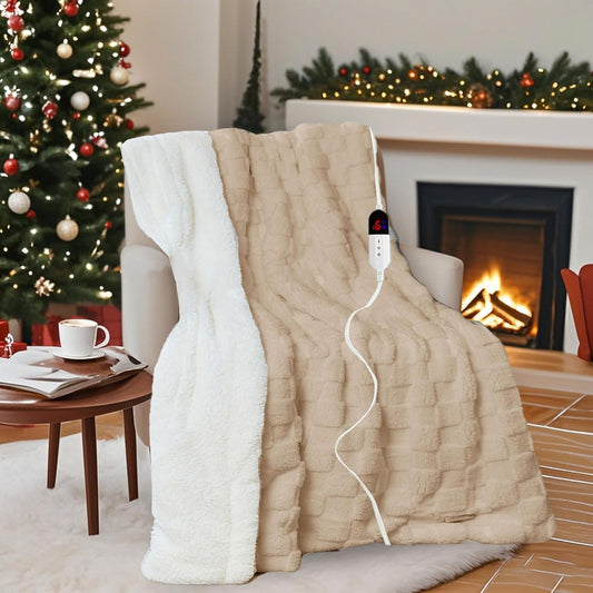 Electric Blanket Throw - Soft Checked Flannel with 6 Heating Levels, 4 Hours Auto-Off, Fast Heating, ETL & FCC Certified, 50"x60", Overheating Protection, Cozy Heated Blanket Throw（Khaki）