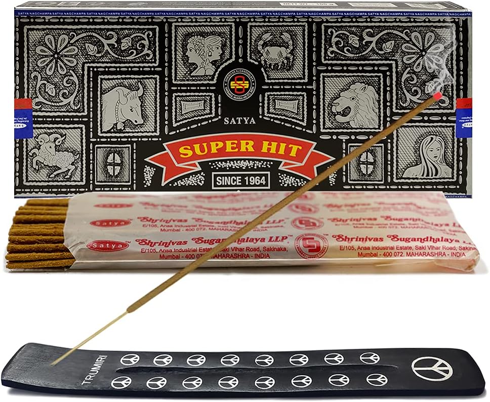 TRUMIRI Incense Stick Holder Bundle with Satya Super Hit 100g Incense Sticks - Pack of 1 (Approx 100 Sticks)