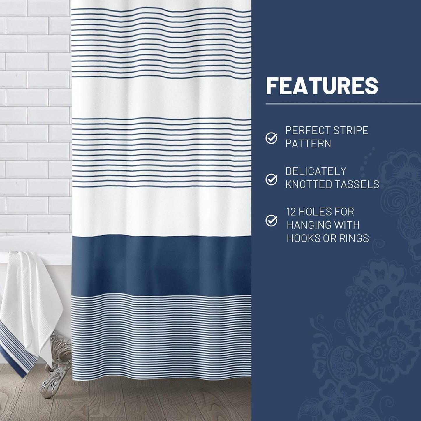 Awellife Boho Navy Blue Shower Curtain for Bathroom Stripe Shower Curtain 72 X 72 Inches Farmhouse Cotton