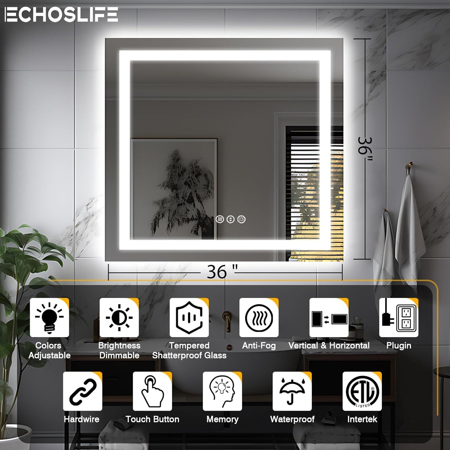 36"x36" Square LED Bathroom Mirror - Front & Backlit, Anti-Fog Vanity Mirror with Stepless Dimmable Lights, 3 Color Smart Mirror (Horizontal/Vertical)