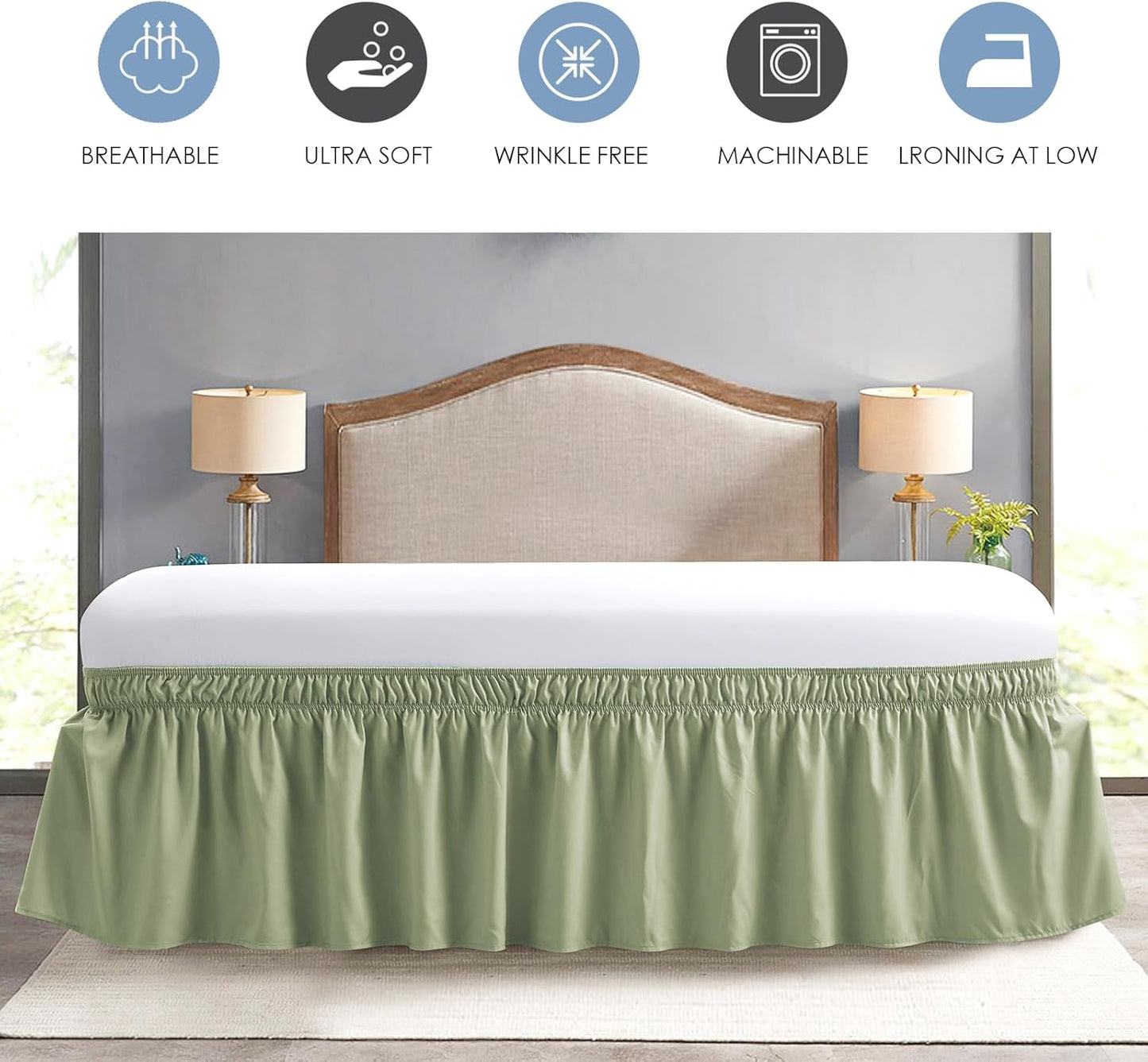 FreshCulture Queen Bed Skirt, Elastic Wrap Around Bed Skirt Queen Size, Bed Skirts for Adjustable Bed, Easy Fit with 15-Inch Tailored Drop, Hotel Quality Dust Ruffle for Queen Bed (Sage Green)