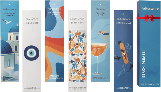 Folkulture Incense Sticks | Set of 6 Insenses (120 Sticks) with 45 Mins Burn Time | Orange Zest, Blue Oud, Aqua Crest, Coconut Paradise | Organic Mediterranean Fig Inscents, Non-Toxic Inscents-Sticks