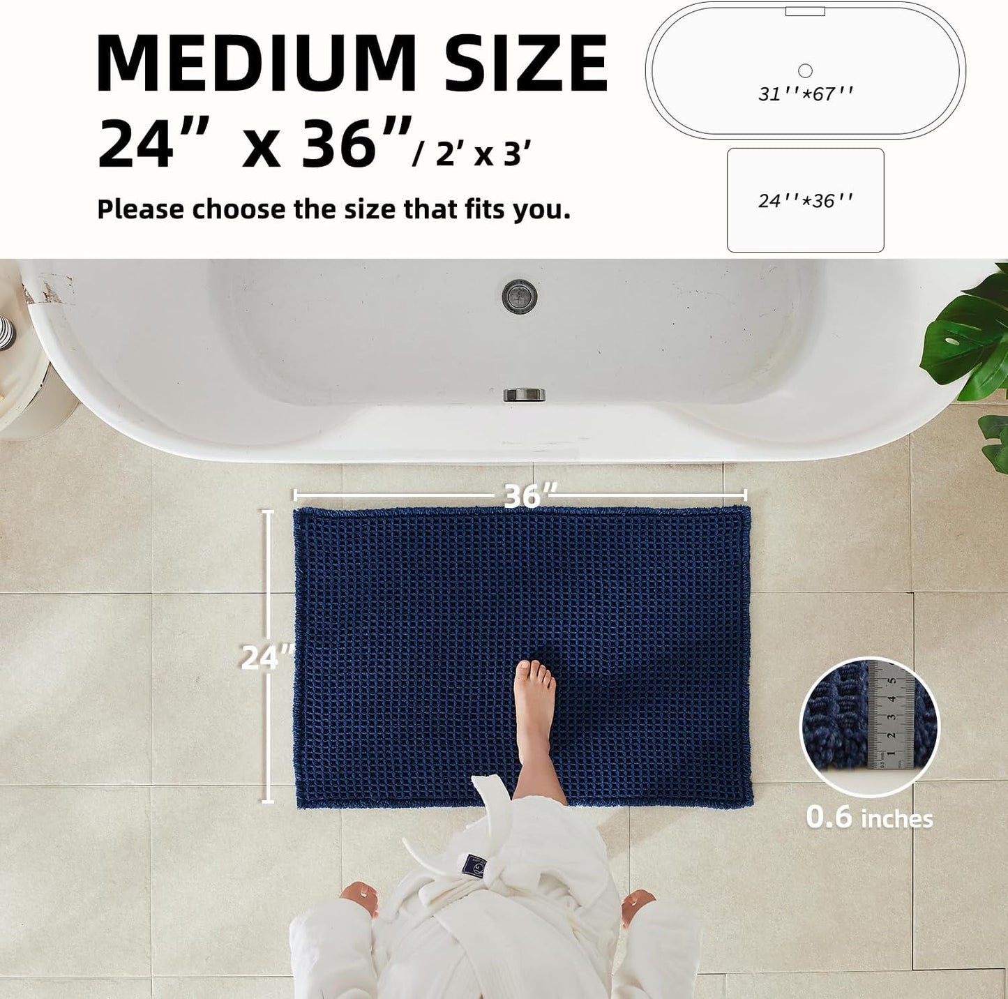 Waffle Bath Mat, Boho Bathroom Rugs Non Slip Washable Super Absorbent Quick Dry Bath Mat Farmhouse Bathroom Decor, 36"x24" Navy Blue