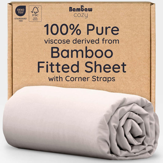 Bambaw 100% Viscose Derived from Bamboo Fitted Sheet Queen Size, Cooling Fitted Sheet Only, 16’’ Deep Pocket Sheets with Corner Straps, Queen Size (Sand)