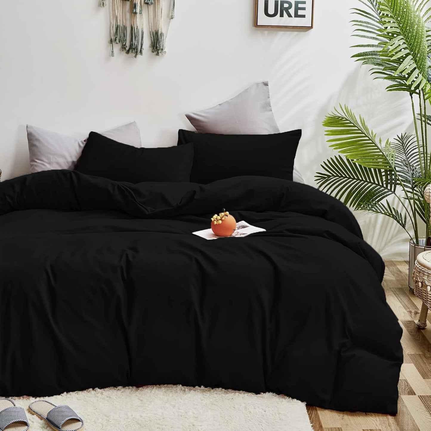 Cottonight Black Comforter Set Queen Men All Black Bedding Set Blanket Quilts Soft Breathable Pure Dark Color Lightweight Bedding Comforter Queen Size Adults Teens