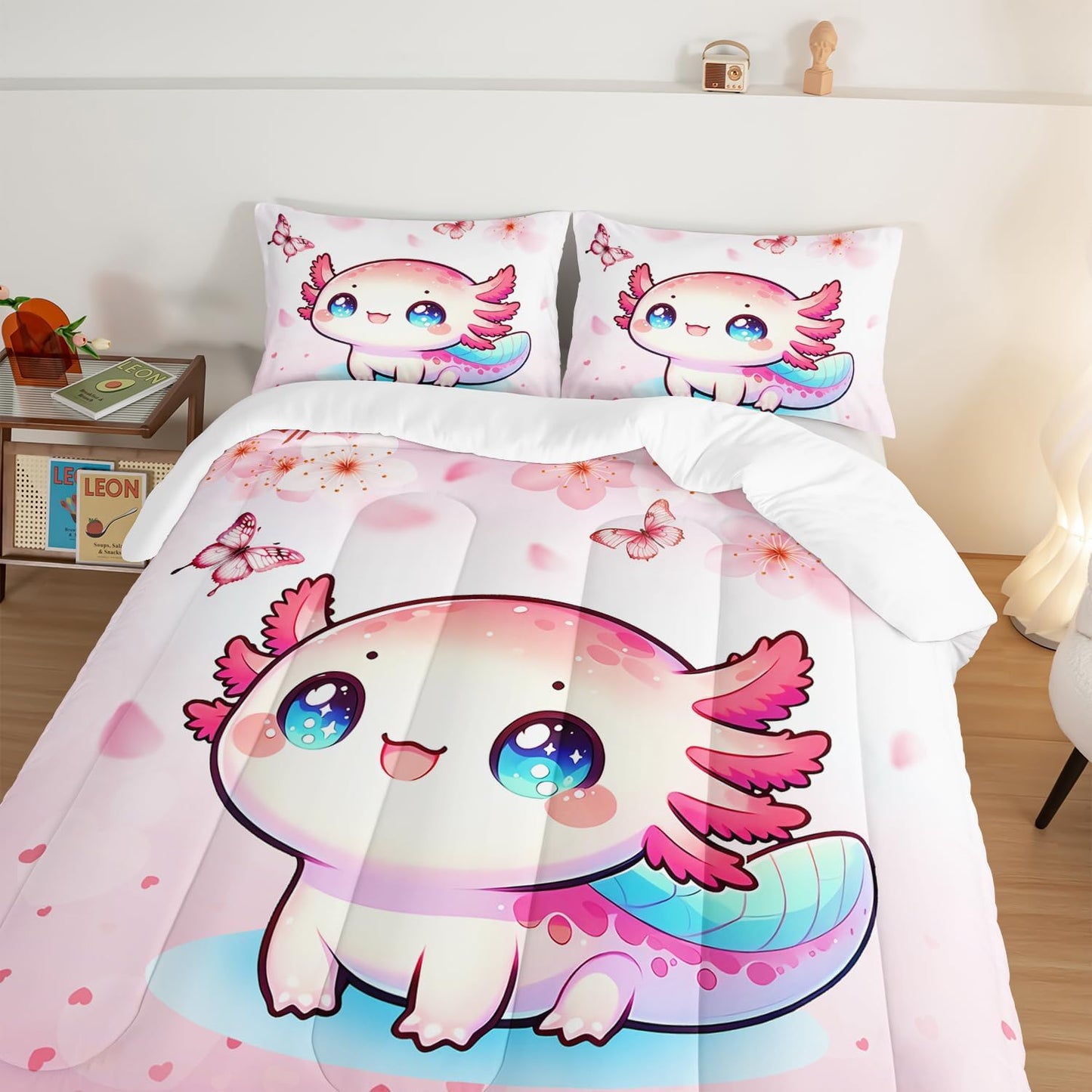 Cartoon Axolotl Comforter Kids Bedding Set,Cute Axolotl Flower Butterfly Bedding Full Size for Toddler Girls Room Kawaii Decor,Pink Series Kids Comforter Sets with 2 Pillowcases.