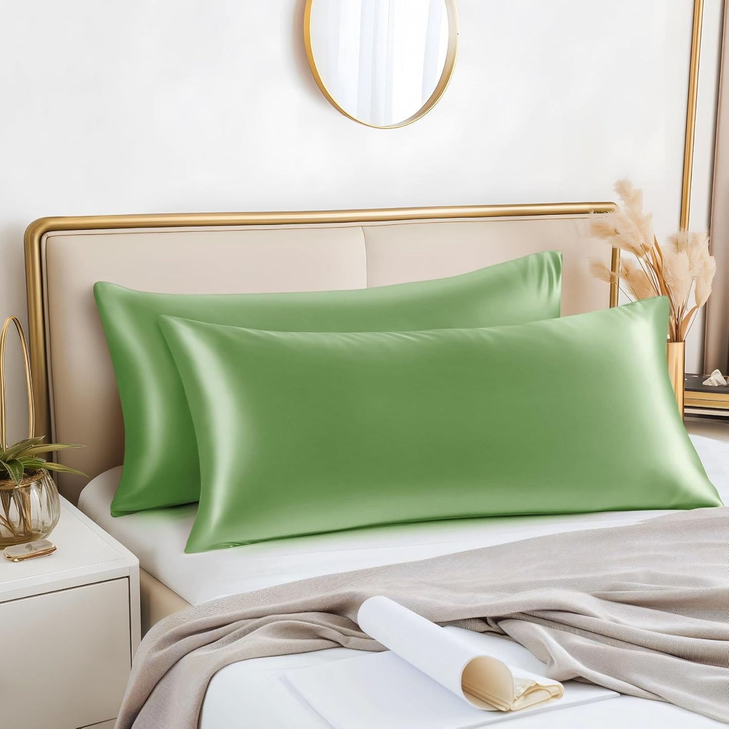 BEDELITE Satin Body Pillow Cover 2 Pack, Super Soft and Cooling Body Pillow Pillowcase for Hair and Skin, Breathable Silky Full Long Pillowcase Cover(20"x54", Sage Green)