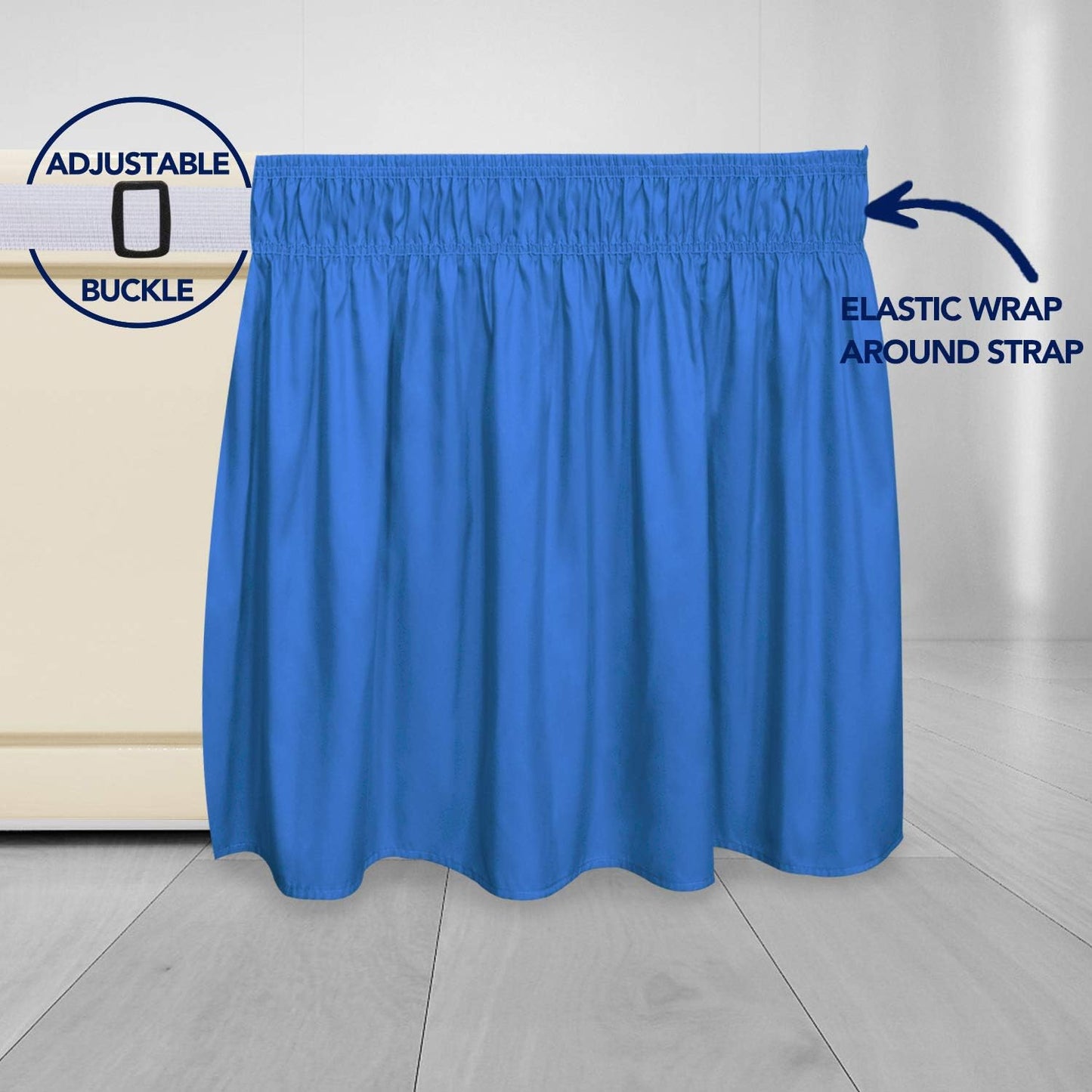 PureFit Wrap Around Ruffled Bed Skirt with Adjustable Elastic Belt - 14 Inch Drop Easy to Put On, Wrinkle Free Bedskirt Dust Ruffles, Bed Frame Cover for Queen, King and C-King Size Beds, Blue