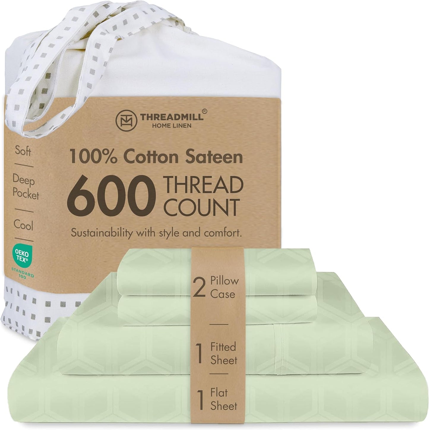 Threadmill 100% Cotton Sheets for Full Size Bed - 600 Thread Count Full Bed Sheets Set with 16” Deep Pocket - Jacquard Sateen Weave 4-Piece Bedding Set with Cooling Effect, Sage Green