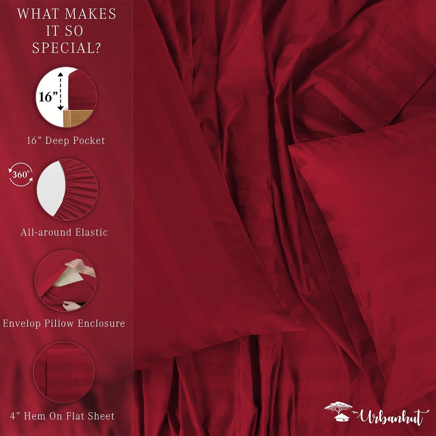 URBANHUT 1000 Thread Count Damask Striped King Bed Sheets Egyptian Cotton Sheet Set, Long Staple Soft & Breathable, 4 Pc Bed Sheet Sets, Luxury Hotel Sateen Sheets Fits 16" Deep Pocket - Burgundy