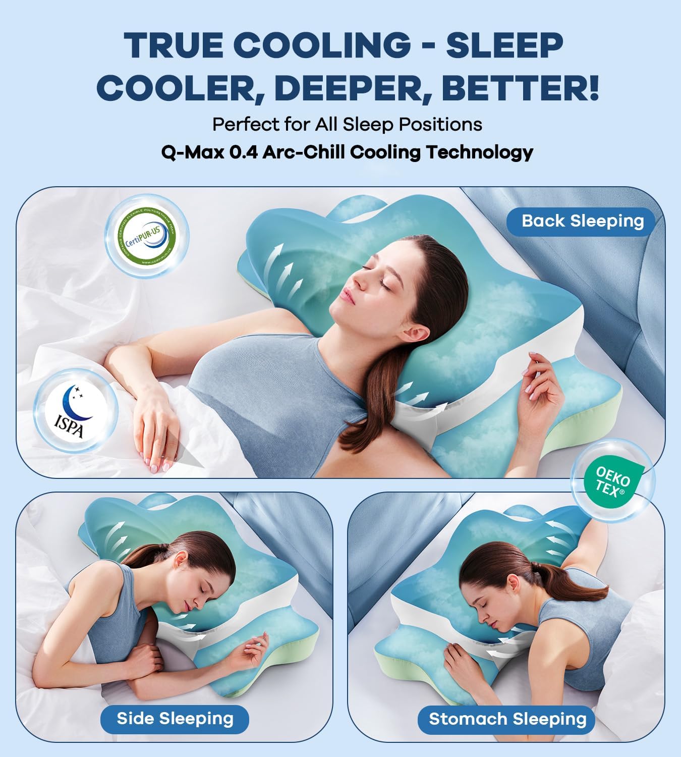 Cervical Pillow for Neck Pain Relief -Cooling Ergonomic Memory Foam Pillow with Ice Silk Pillowcase, Dual-Height Orthopedic Support Contour Pillow for Side/Back/Stomach Sleepers, CertiPUR-US Certified