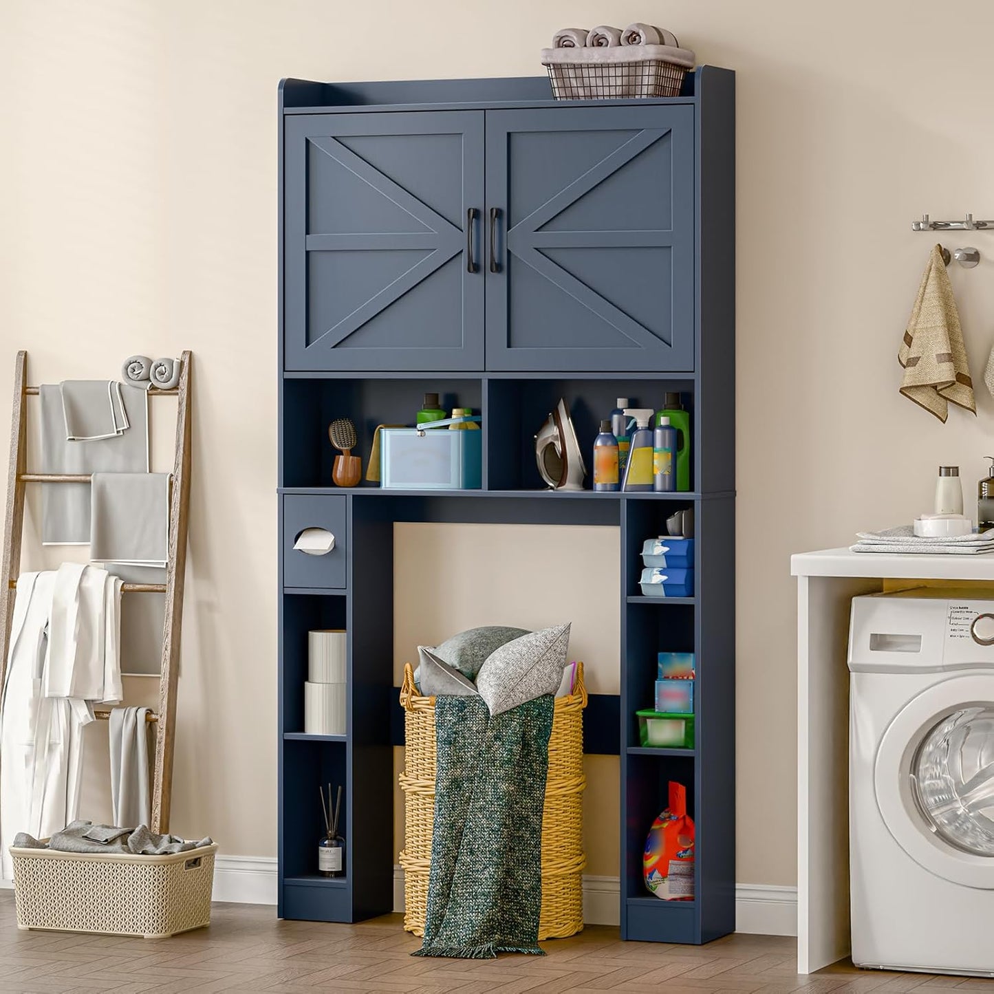 Over The Toilet Storage Cabinet, Farmhouse Toilet Cabinet Rack with Barn Doors, Space Saving Bathroom Organizer with Shelves, Toilet Paper Holder and Towel Rack for Bathroom,Restroom,Laundry,Blue