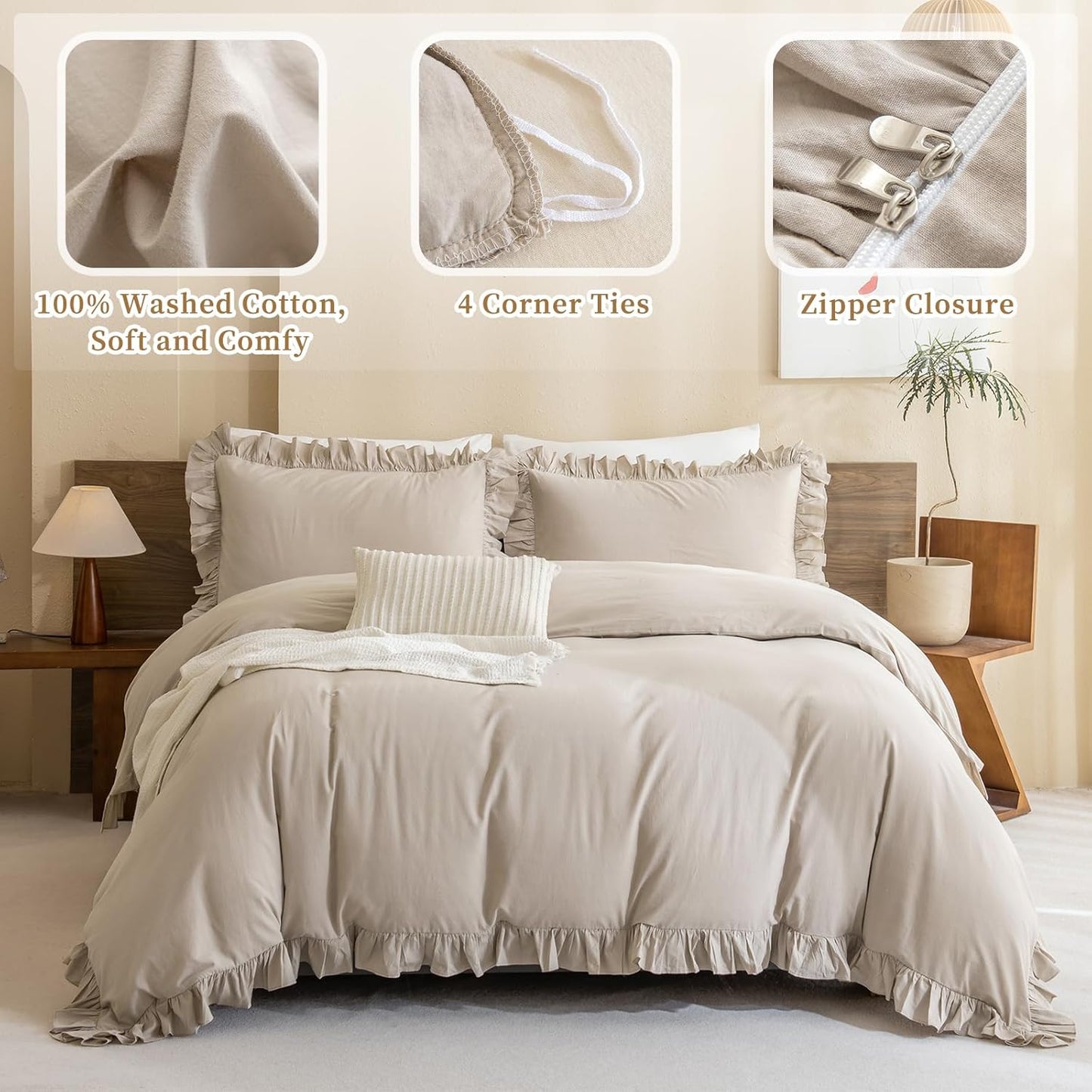 QSH Washed Cotton Duvet Cover King Ruffle Duvet Cover Linen Textured Farmhouse Shabby Vintage Chic Bedding Comforter Cover 3 PCs Aesthetic French Country Vintage King Bedding