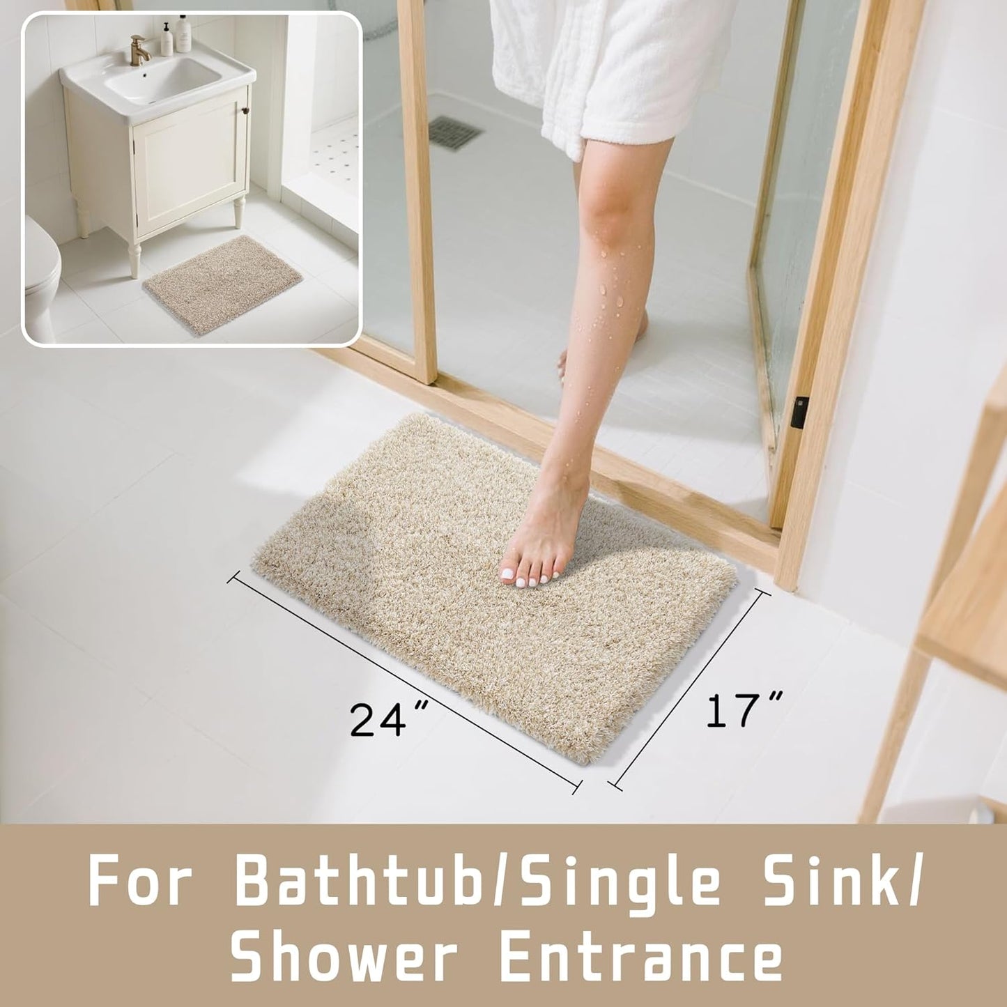 Yimobra Bathroom Rugs Non Slip Washable, Ultra Soft and Water Absorbent Bath Mats, Plush Fluffy Shower Mat Outside, Microfiber Thick Matts for Bathroom Floor/Sink, 24x17, Light Beige and White