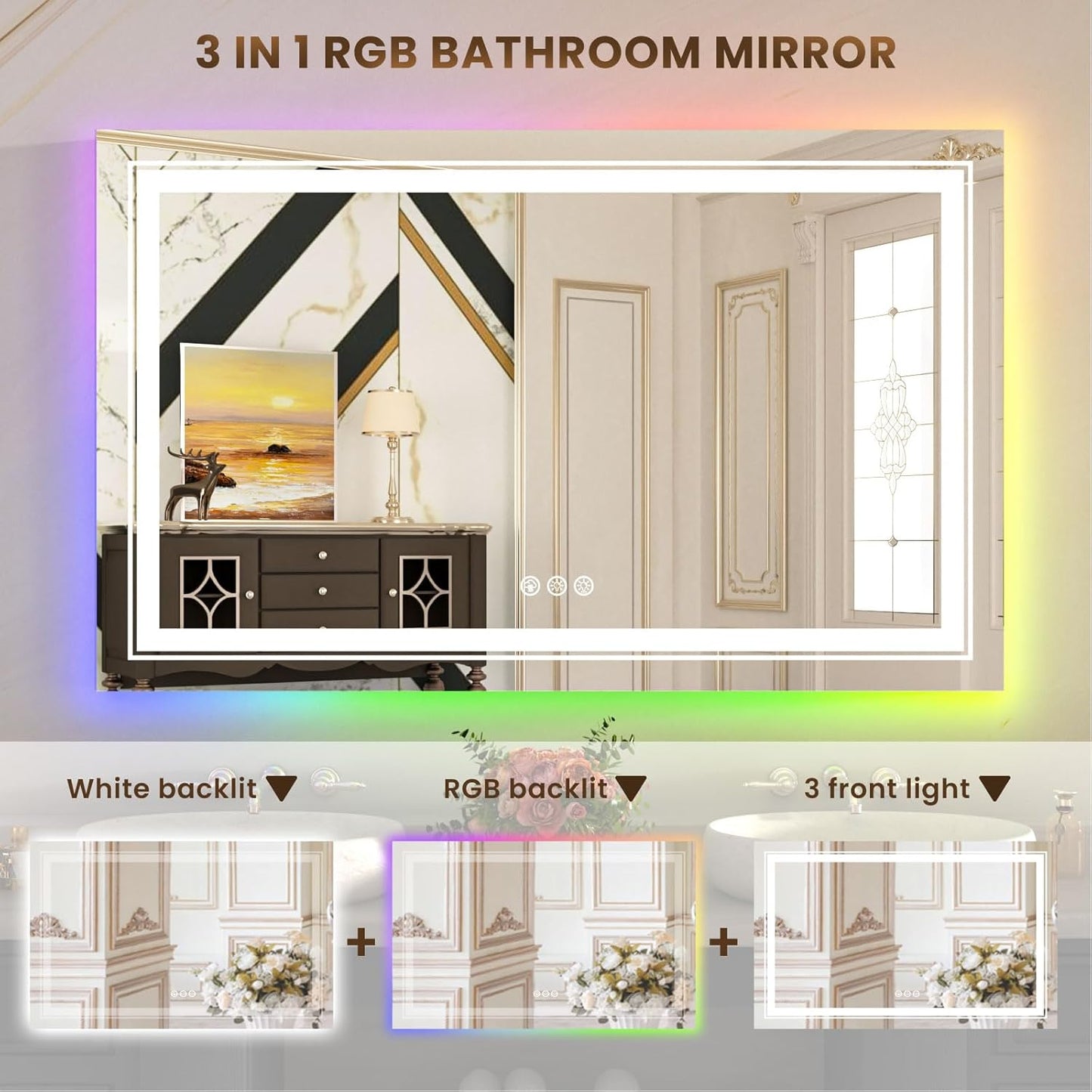 WTTY LED Bathroom Mirror 40"x36" with RGB Backlit and Front Light,Stepless Dimmable LED Mirror for Bathroom,Lighted Bathroom Vanity Mirror,Anti-Fog,Memory Function,Shatter-Proof,Wall Mounted