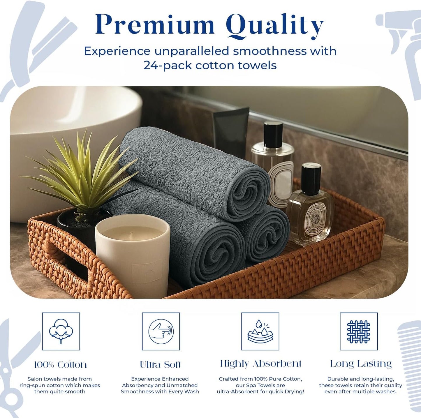 DAN RIVER 100% Cotton Salon Towels Set – 16x26 inches, Pack of 24, Highly Absorbent and Quick-Dry Towels for Hand, Salon, Spa, Beauty, Gyms and Home Hair Care, Grey