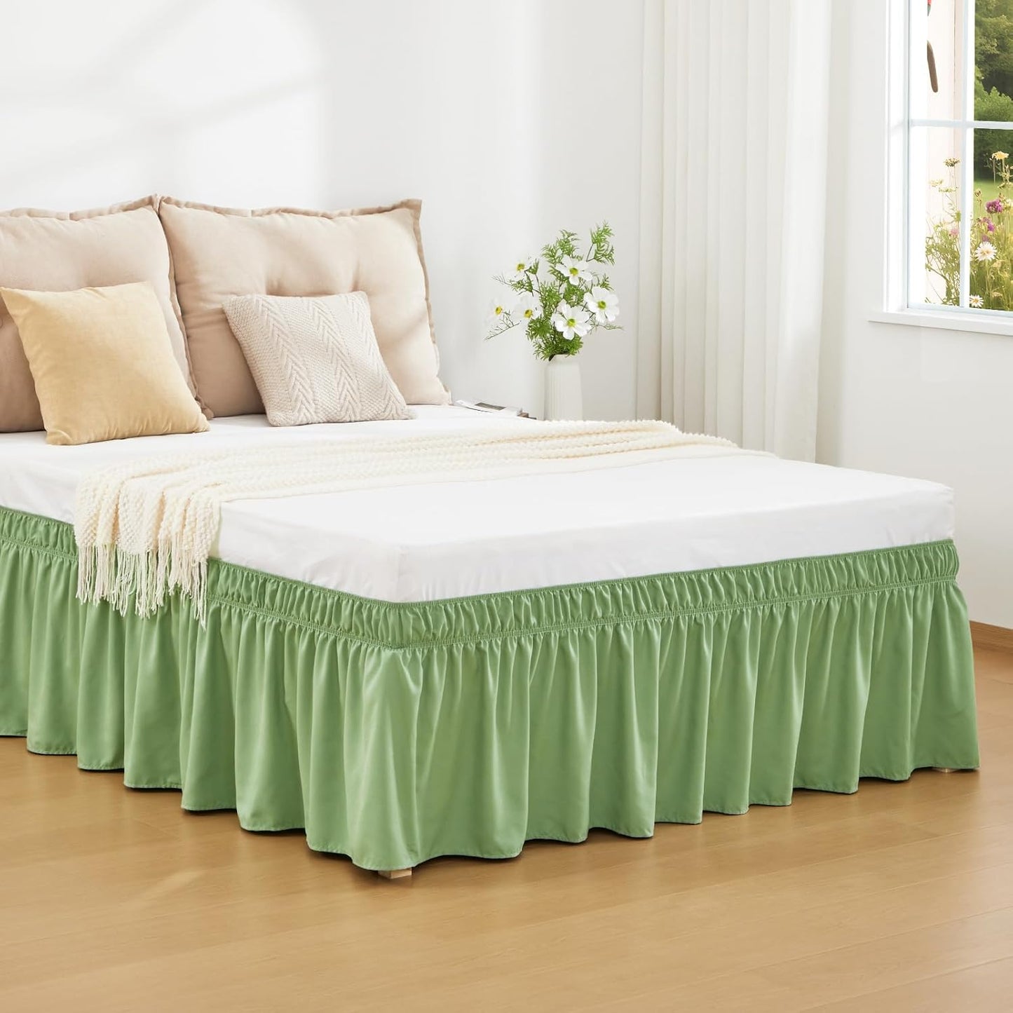 RIMELA Light Green Bed Skirt Queen Size 15 Inch Drop, Elastic Bed Skirting for Adjustable Bed Base and Frame, Bedding Dust Ruffle Easy to Install, Wrap Around Bedskirt