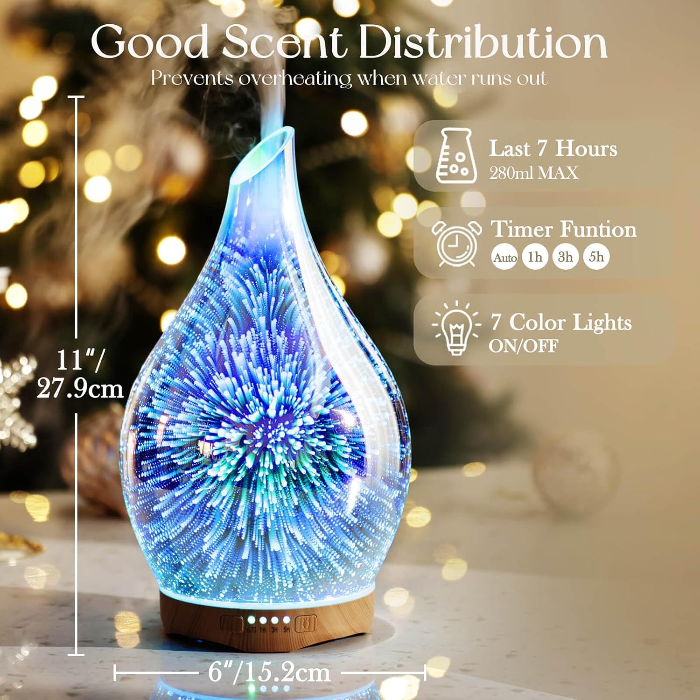 Porseme Essential Oil Diffuser 280ml Aromatherapy Ultrasonic Oil Diffusers 3D Glass Cool Mist Humidifier, Air Refresh Auto Shut-Off, Timer Setting, BPA Free for Home Hotel Yoga Leisure SPA Gift