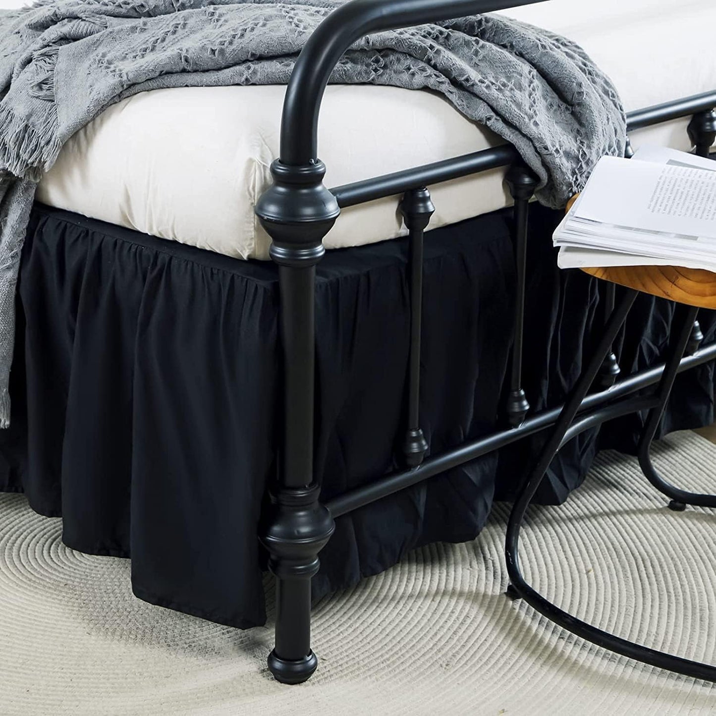 Bed Skirts King Size 12 Inch Ruffled Bed Skirt with Split Corners, 12 Inch Drop Dust Ruffle Bed Skirt with Platform, Black