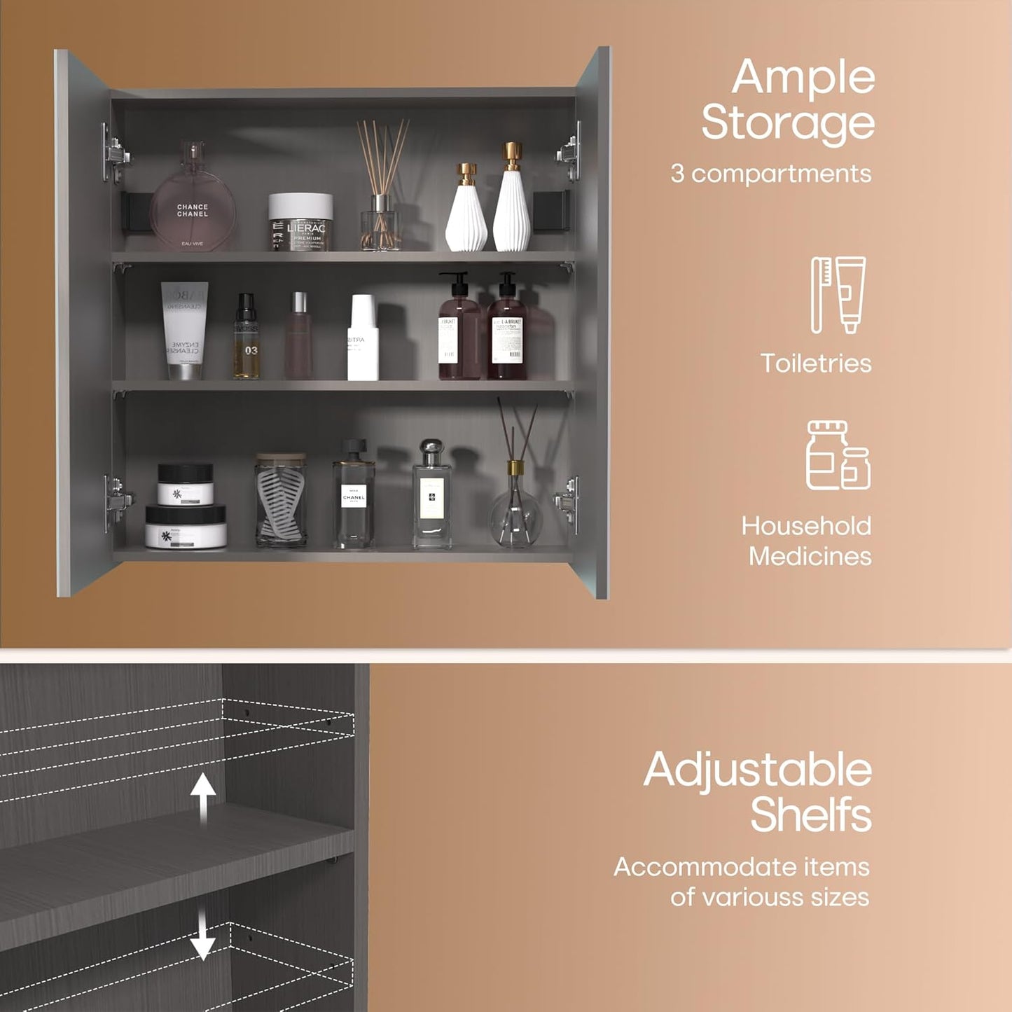 24x24 inch Bathroom Wall Cabinet, Saver Storage Cabinet, Medicine Cabinet with 2 Door and Adjustable Shelves, Grey（Assembly Required）