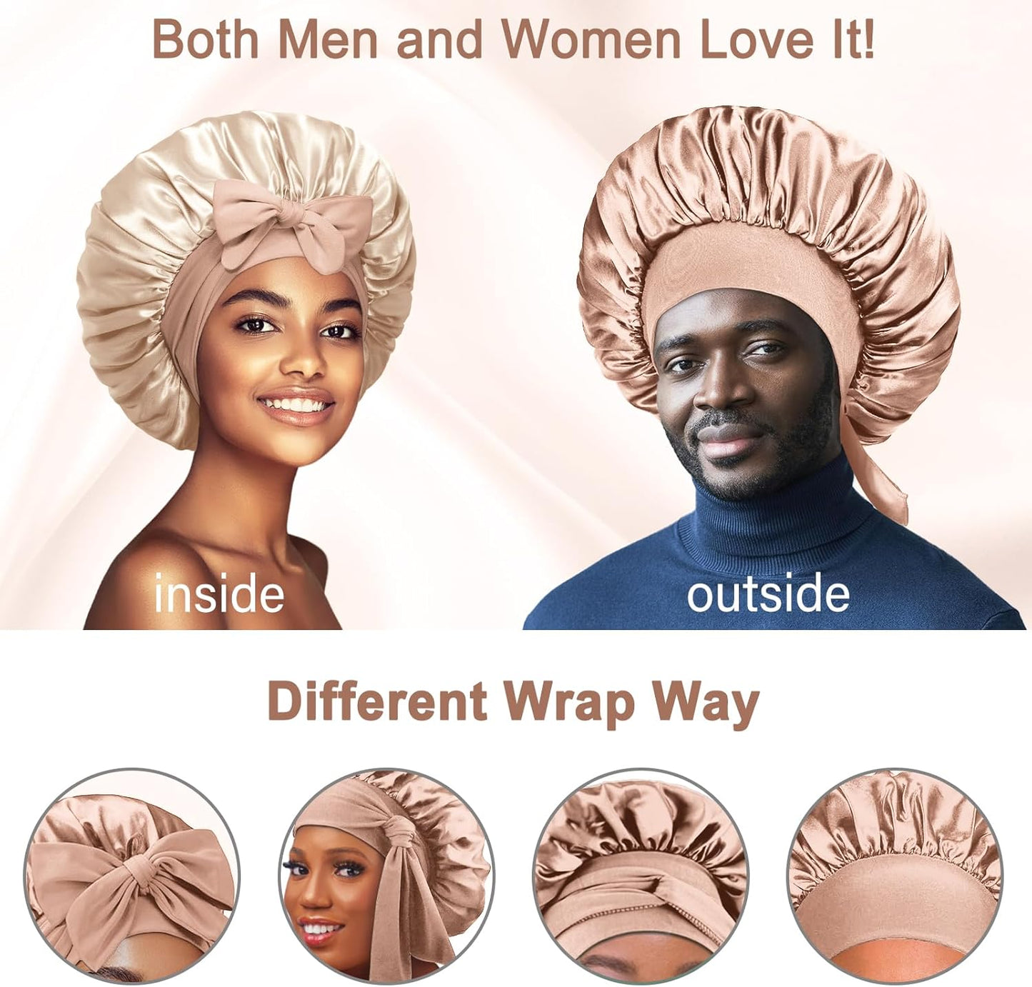 Double Layered Silk Satin Bonnet with Tie for Sleeping Black Women, Wide Band Large Hair Wrap Sleep Cap for Curly Hair Braid