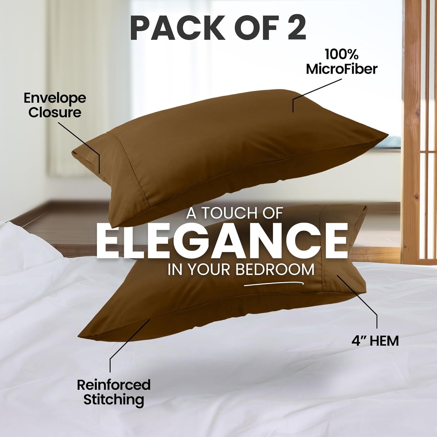Pillow Covers by Utopia Bedding - Standard Size 2-Pack – Soft Brushed Microfiber – Perfect for Hospitals, Hotels, Guest Rooms – Oeko-TEX Certified, 20x26 Inches (Mocha)