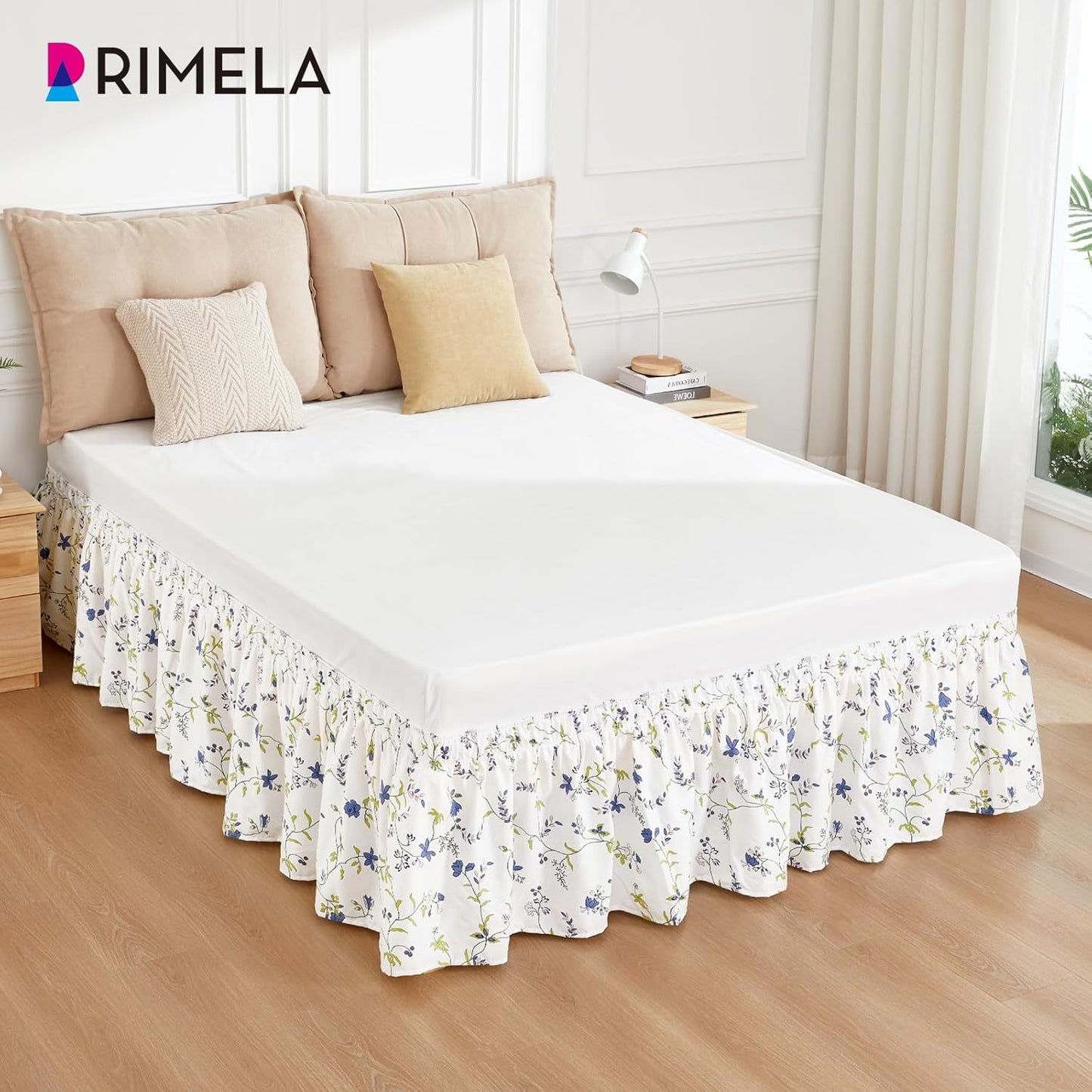 RIMELA Blue Berry Floral Bed Skirt Queen Size 15 Inch Drop, Elastic Bed Skirting for Bed Frame, Bedding Dust Ruffle Easy to Install, Lightweight Wrap Around Adjustable Bedskirt
