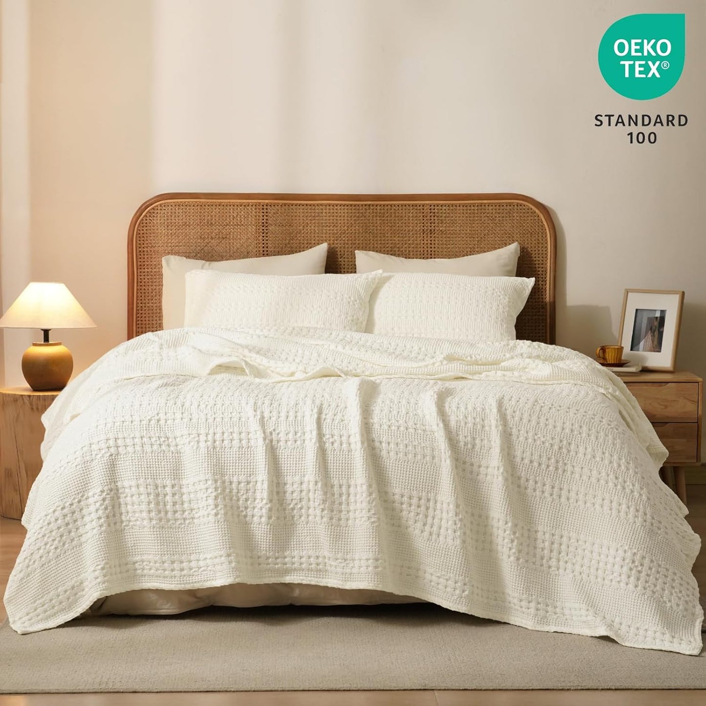 PHF 100% Cotton Waffle Weave Blanket Queen Size for Bed, Soft Lightweight & Breathable, All-Season Comfort, Luxury Aesthetic Woven Bedding for Home Decor, 90"x90", Cannoli Cream
