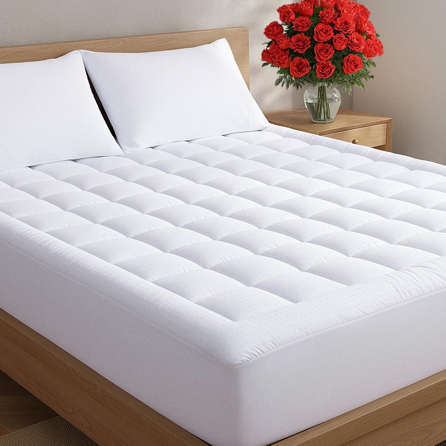 Mattress Pad Queen Size – Quilted Fitted Mattress Protector – Cotton Pillow Top Cover w/ 8-16" Deep Pockets – Thick, Comfy & Plush – Cooling, Breathable & Noiseless – Machine Washable – 60 x 80(White)