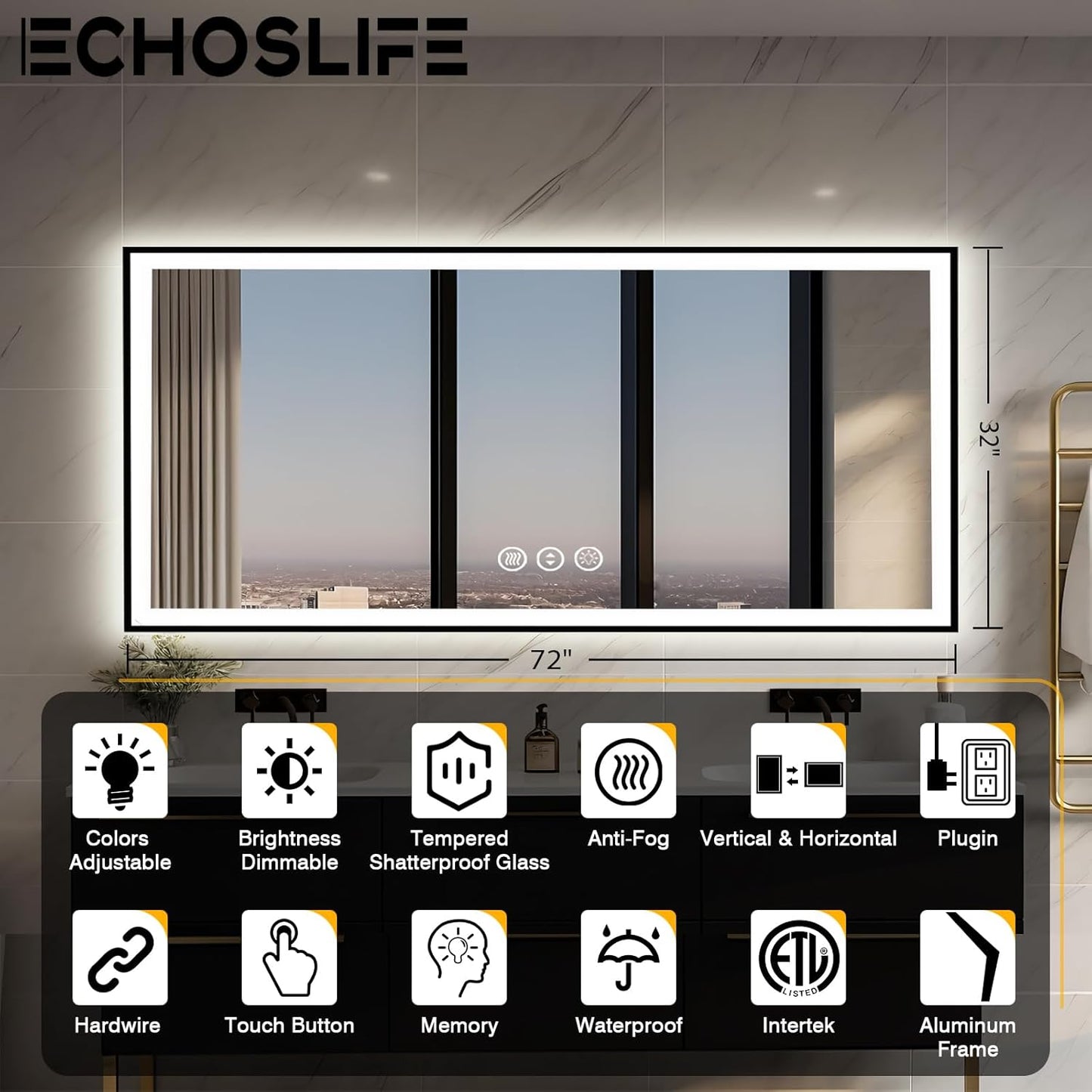 72x32 LED Bathroom Vanity Mirror - Black Aluminum Framed, Front and Backlit, Anti-Fog, Stepless Dimmable, 3 Colors Smart Mirror