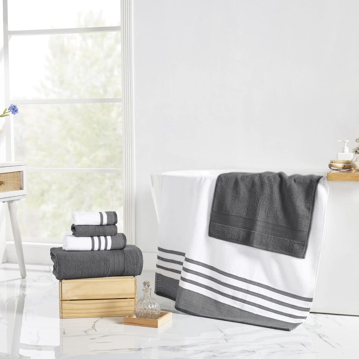 Modern Threads 6 Piece Set, 2 Bath Towels, 2 Hand Towels, 2 Washcloths, Quick Dry White/Contrast Reinhart Coal