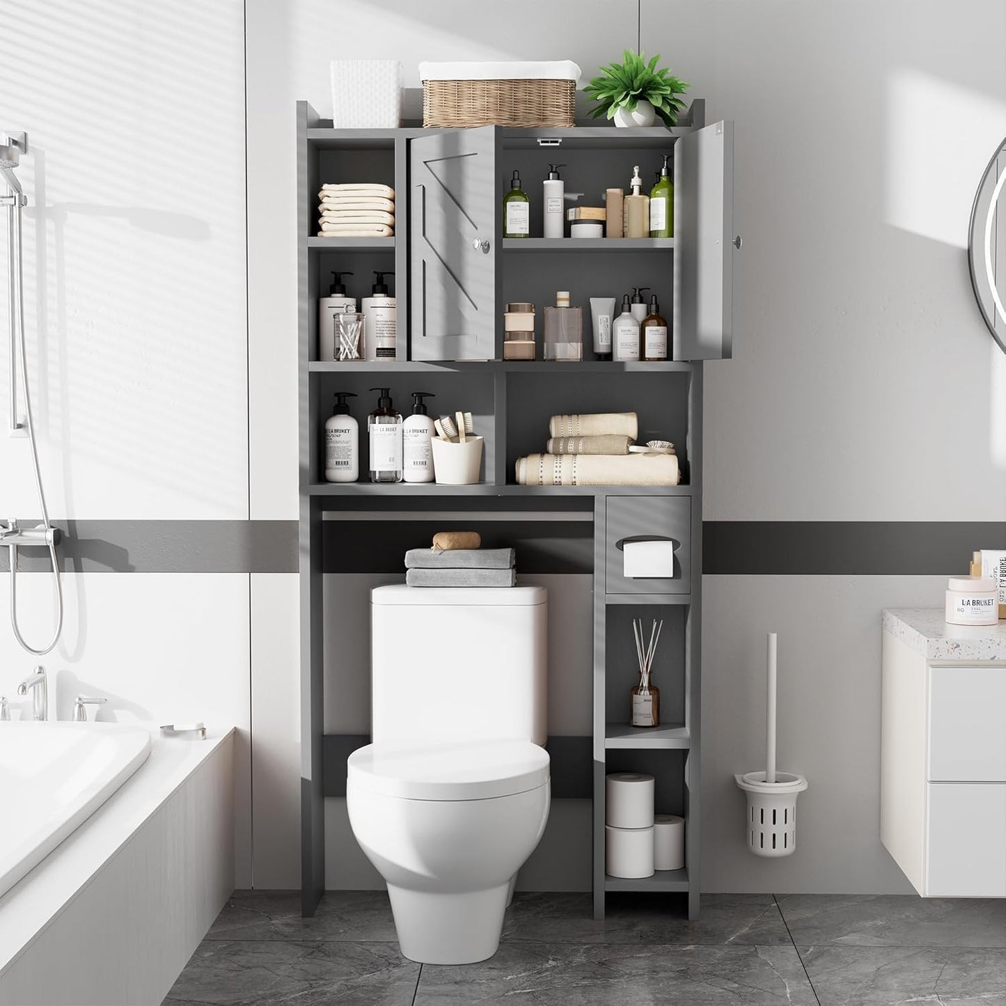 Meilocar Over The Toilet Storage Cabinet, Bathroom Over Toilet Storage Cabinet, Bathroom Storages Organizer Cabinets with Toilet Paper Holder and Adjustable Shelf, Grey
