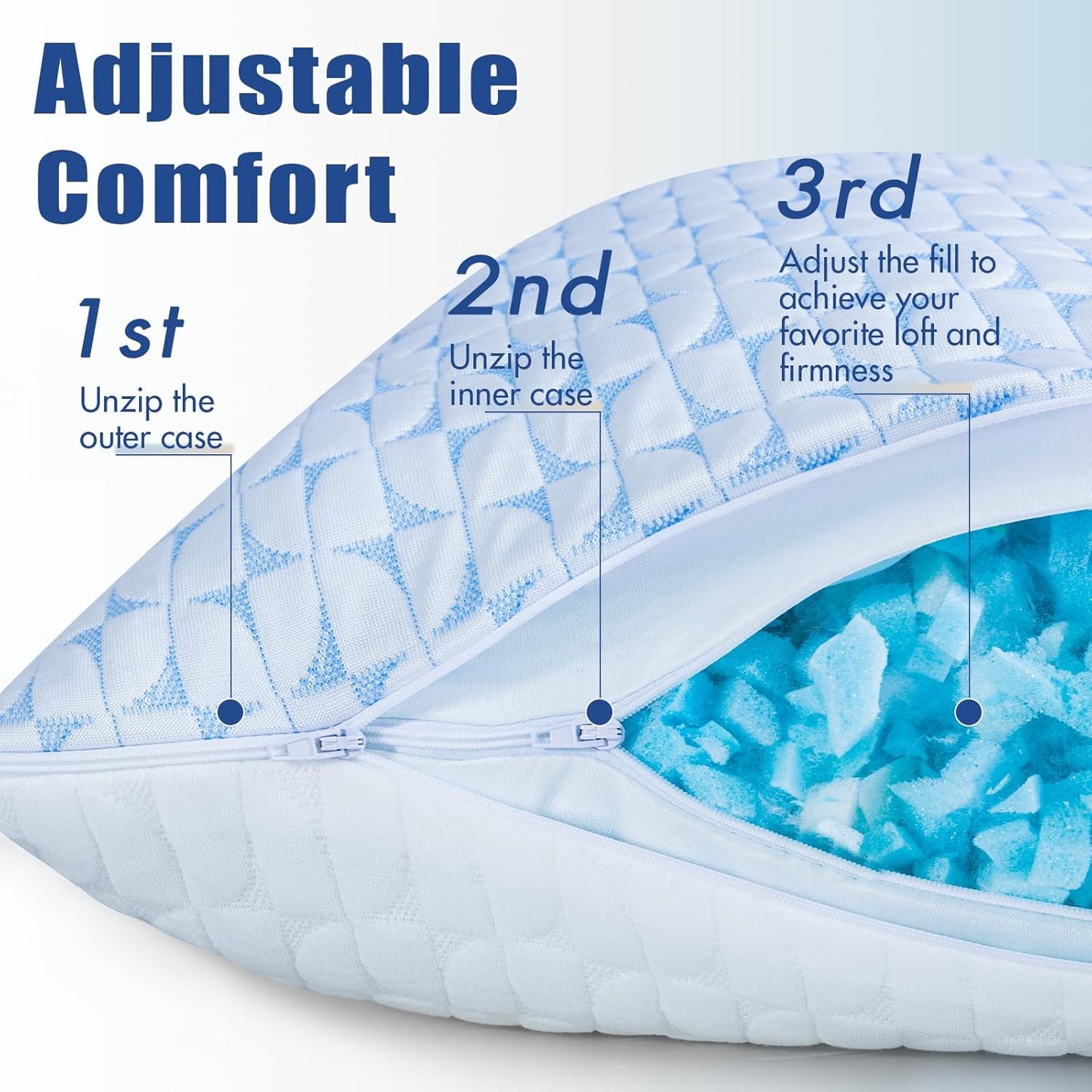 QUTOOL King Size Pillows Set of 2 – Firm Cooling Shredded Memory Foam, Adjustable Loft for Side, Back & Stomach Sleepers, CertiPUR-US Certified Foam, Machine-Washable Cover, Supportive & Breathable