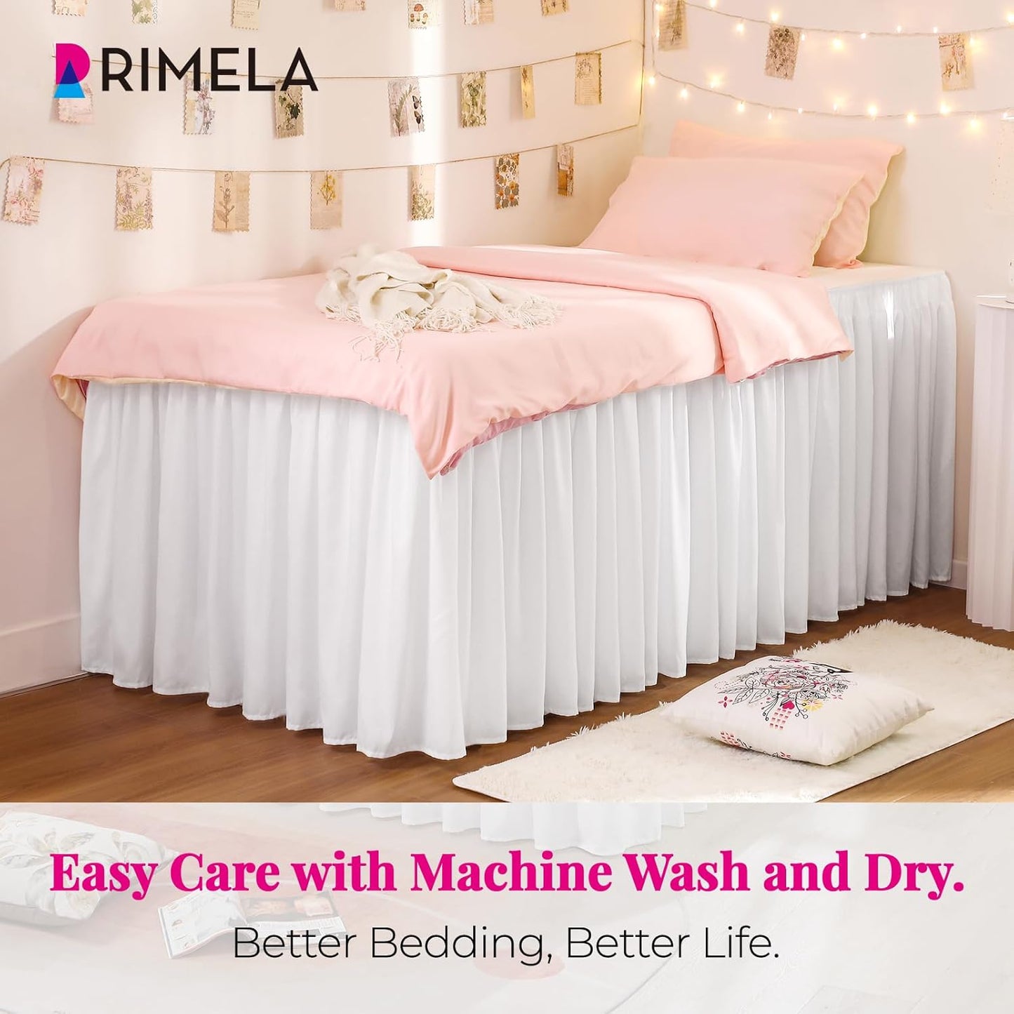 RIMELA Dorm Bed Skirt Twin XL 32 Inch Drop, Easy to Install Extra Long Wrap Around Elastic Dust Ruffle, White Bedskirt Solid Silky Fabric Machine Washable (Twin XL 80“L x 39”W & Twin 75“L x 39”W)