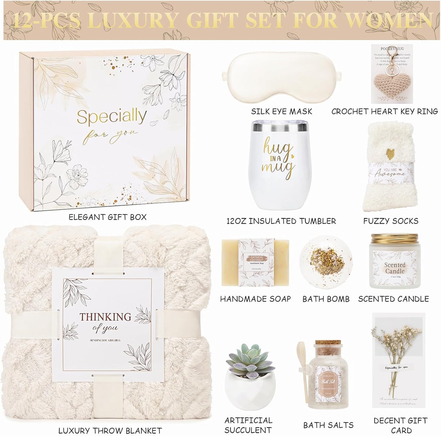 Get Well Gifts for Women Self Care Gifts Basket - Relaxing Spa Care Package After Surgery Thinking of You Birthday Gift - Feel Better Sympathy Gift Set for Her Mom Sister Friend Wife (Beige)