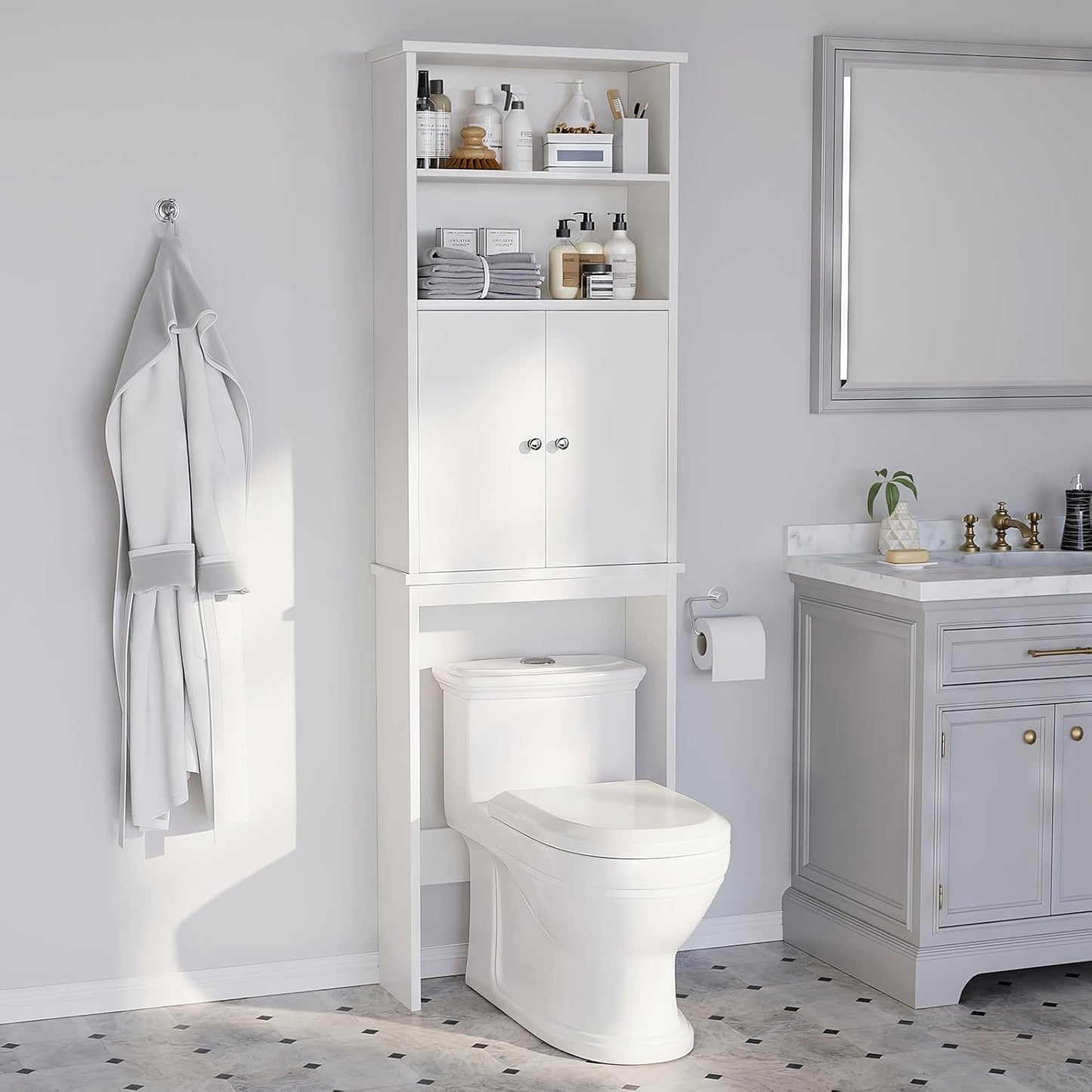 Meilocar Over The Toilet Storage Cabinet for Bathroom, Extra Tall Over Toilet Storage, Space Saver W/Adjustable Shelf & Open Storage Shelf, 75in, White