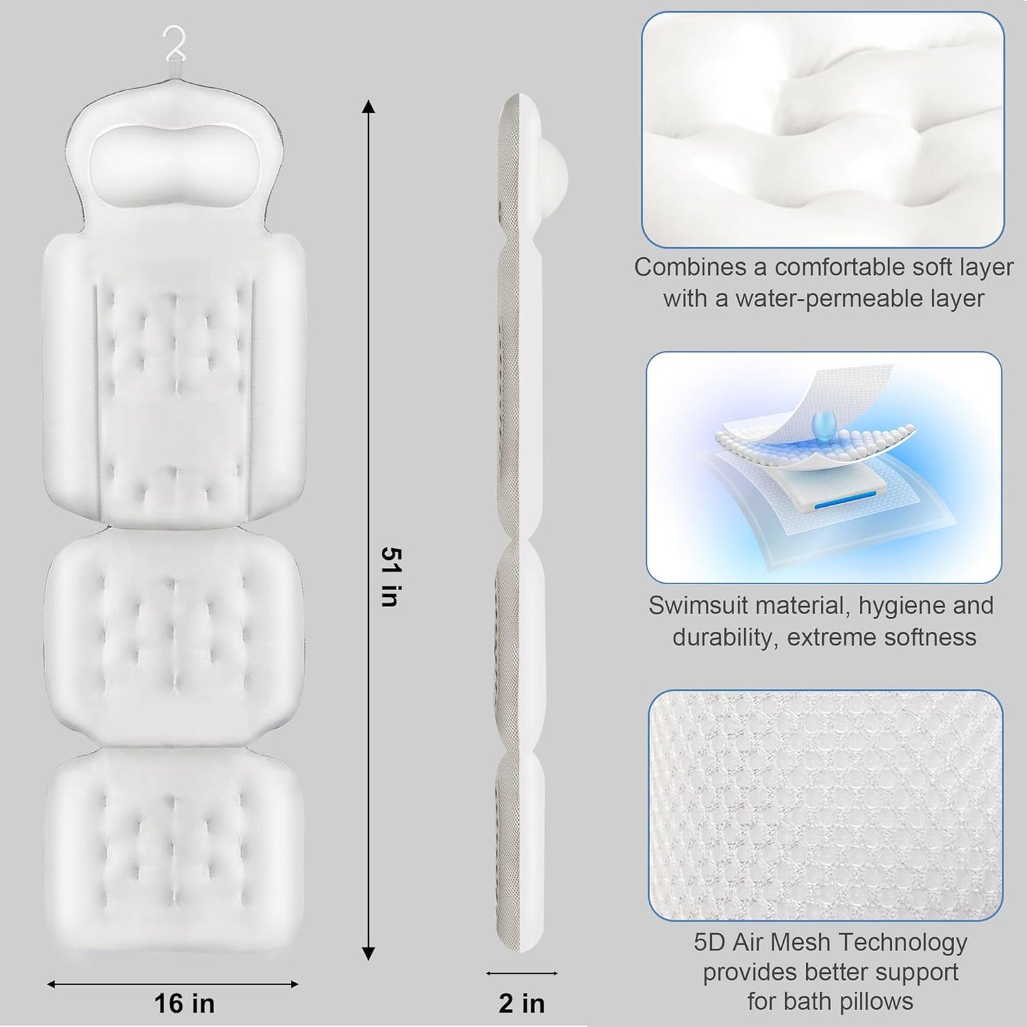 Luxury Full Body Bath Pillow for Bathtub, Bath Pillows for Tub with Mesh Laundry Bag, Cushion for Bathtub Headrest Neck Back Support - 5D Air Mesh & Quick Drying | White 51" x 16"