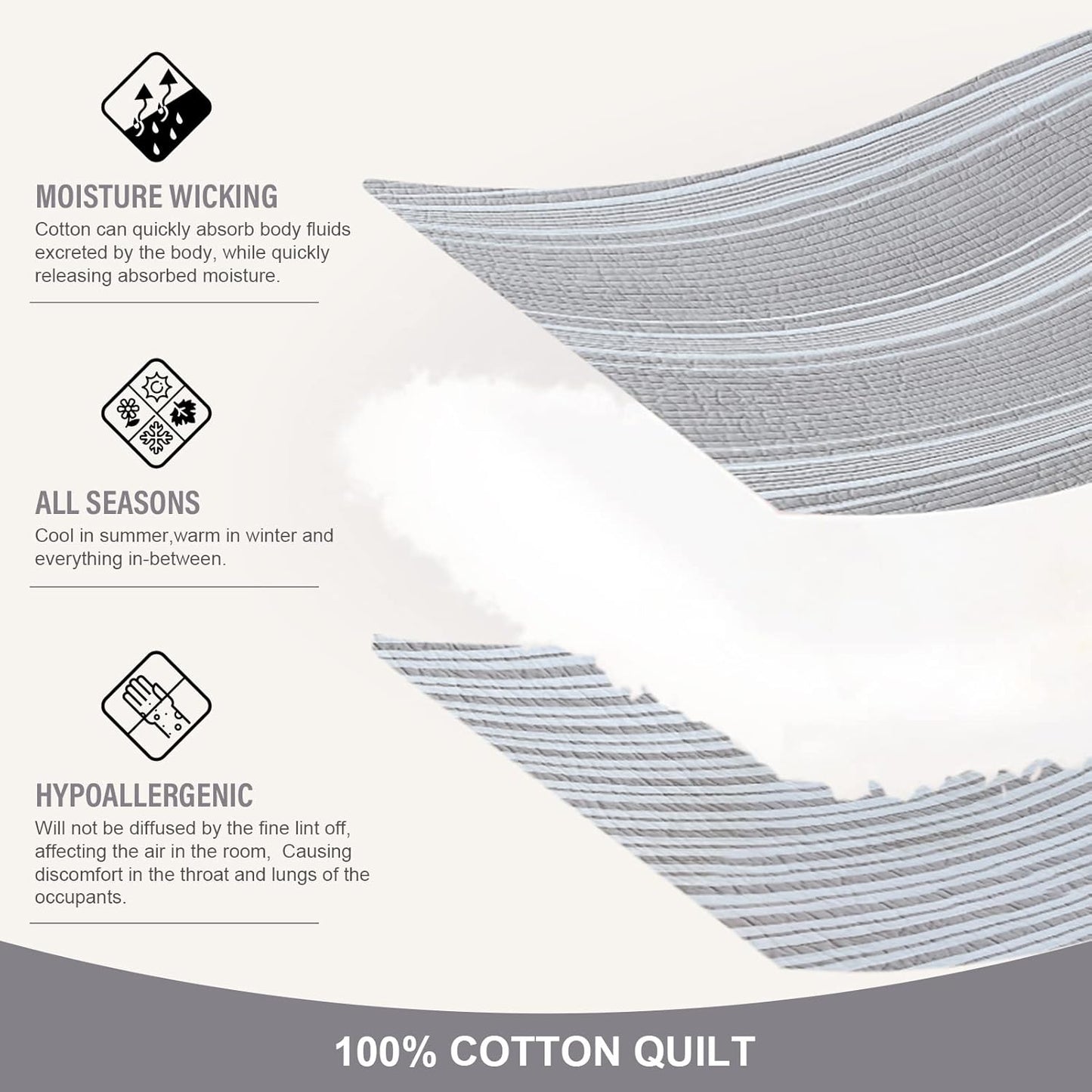 Y-PLWOMEN Quilt Queen Size - 100% Cotton Queen Bed Quilt, Grey Striped Reversible Bedspread for All Season, 3-Piece
