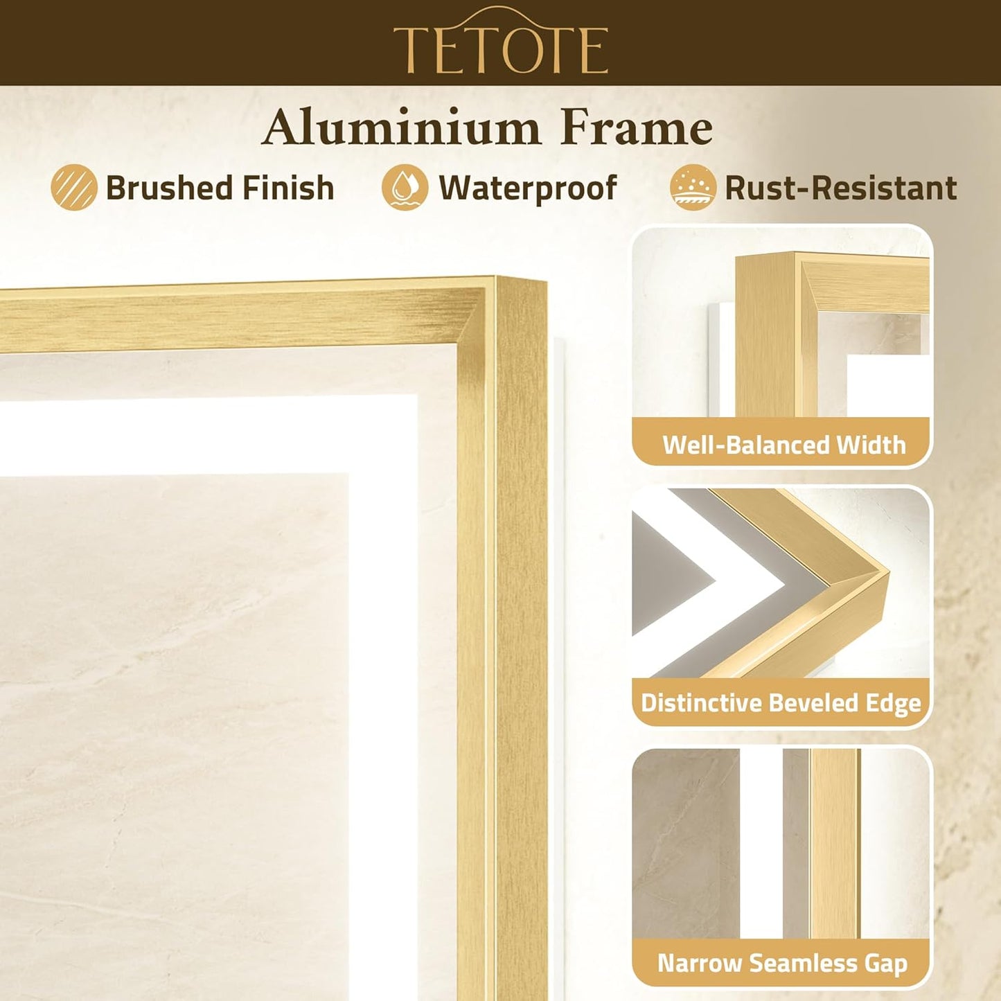 TETOTE Led Bathroom Mirror 30 x 30 with Brushed Gold Frame Anti-Fog Frontlit & Backlit Vanity Mirror Stepless Dimmable Lighted Mirrors for Bathroom Wall 3 Colors White/Warm/Natural Wall-Mounted