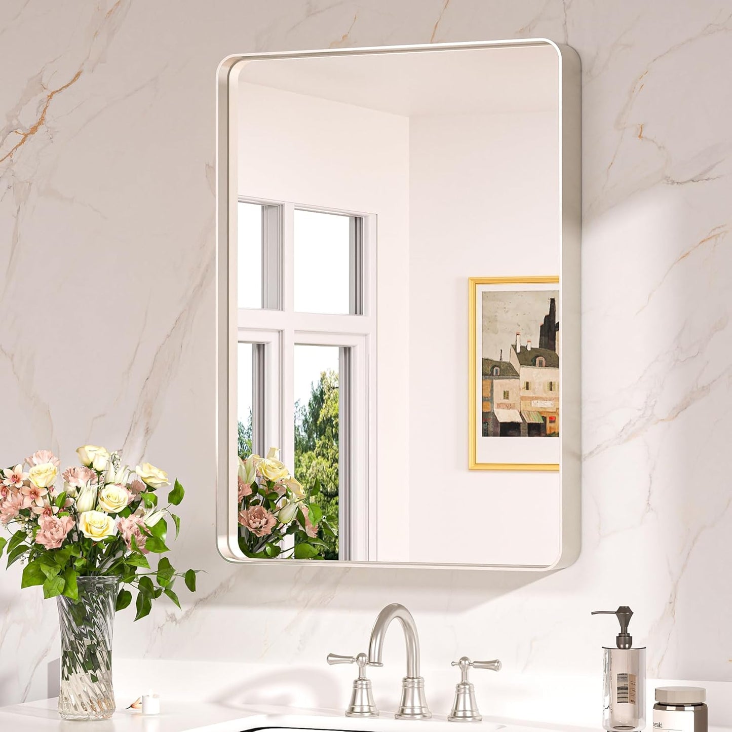 Keonjinn 22 x 30 Brushed Nickel Bathroom Mirrors for Over Sink, Rounded Rectangle Bathroom Vanity Mirror, Brushed Silver Framed Farmhouse Mirror, HD Tempered Glass Wall Mirror(Horizontal/Vertical)