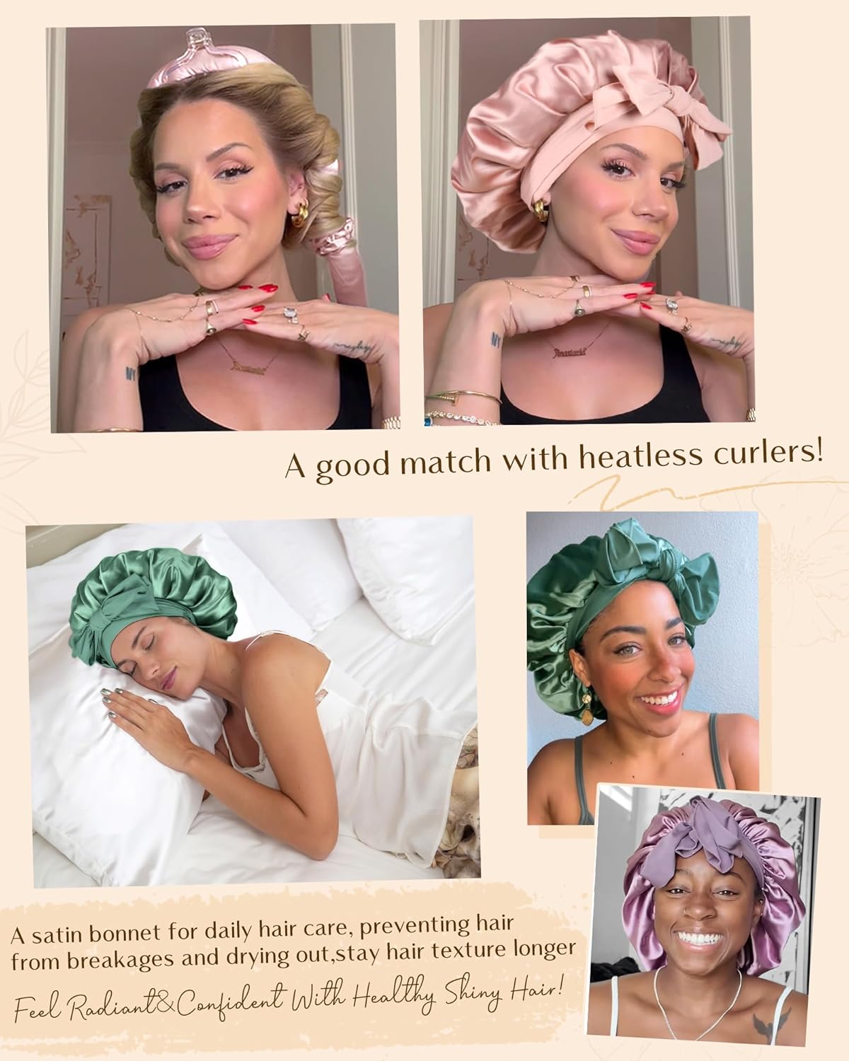 YANIBEST Silk Bonnet for Sleeping Women Adjustable Double Layer Satin Bonnet Reduce Friction Prevent Frizz Natural Curly Hair