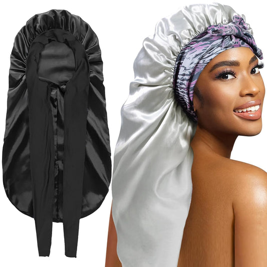 2Pcs Bonnets for Black Women Braid Bonnet, Large Long Satin Silk Bonnet for Braids, Women Braid Bonnet with Stretchy Tie Band for Sleeping Extra Long (Black & Light Green Pattern
