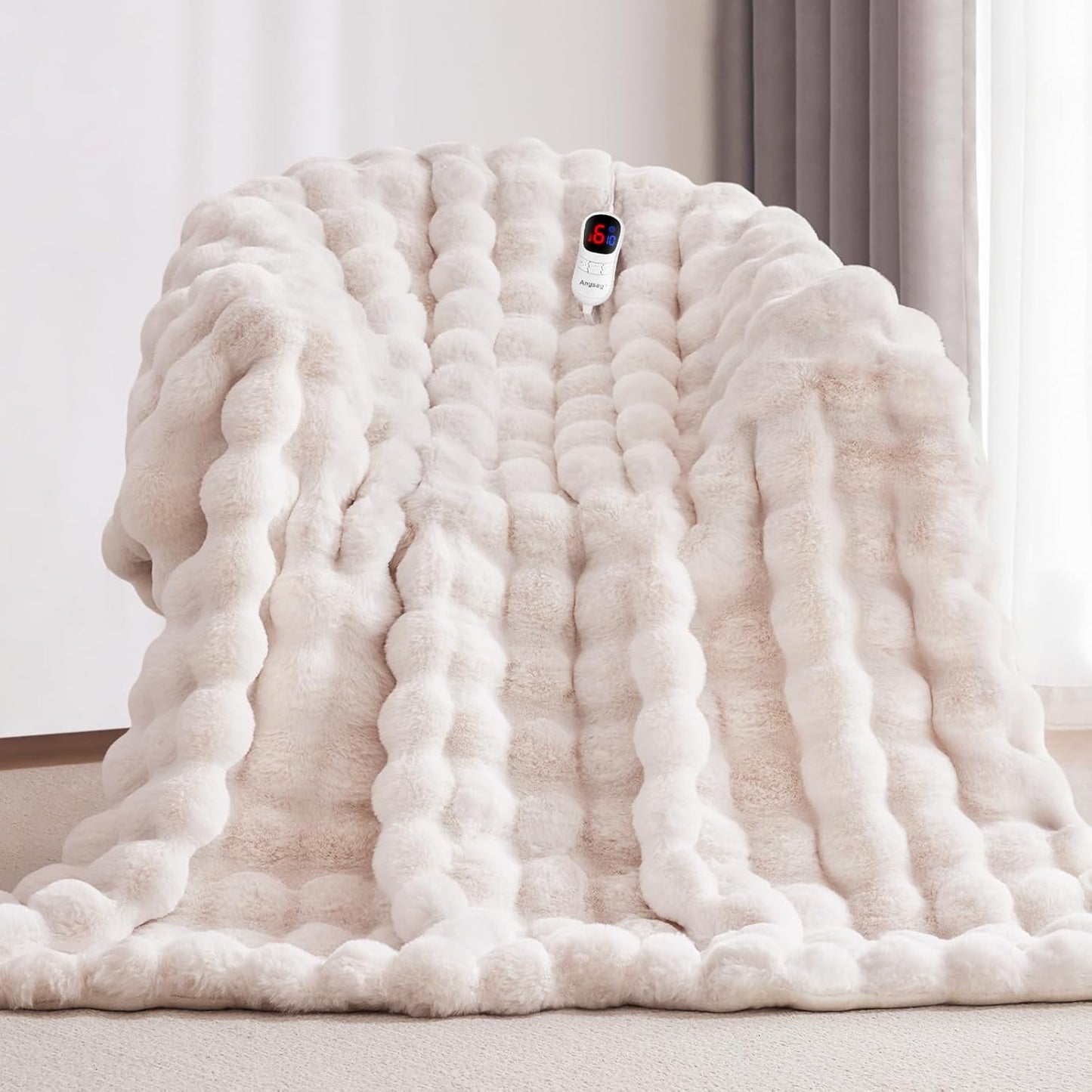 Heated Blanket Full Size with 1/2/4/6/8 Hours Auto-Off 10 Heat Level, 62'' * 84'' Cozy Faux Rabbit Fur Bubble Electric Blanket with Overheat Protection(White)