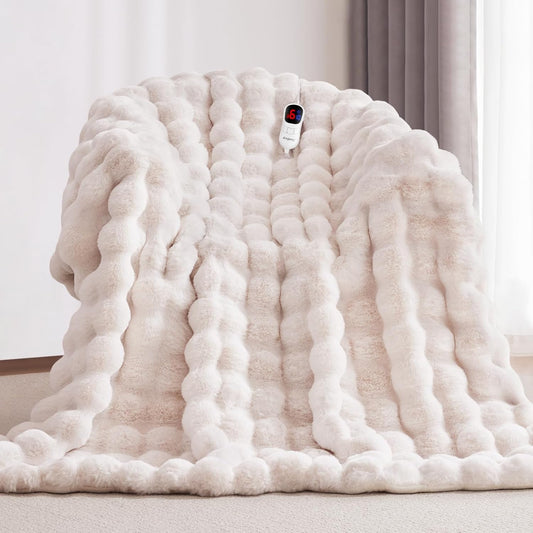 Heated Blanket Full Size with 1/2/4/6/8 Hours Auto-Off 10 Heat Level, 62'' * 84'' Cozy Faux Rabbit Fur Bubble Electric Blanket with Overheat Protection(White)